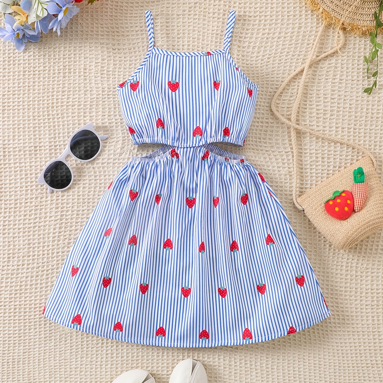 Image of Classic Striped Sundress With Print For Girls. This Dress Features An Off-the-shoulder Detail. Perfect For Summer Gatherings, , And Everyday Wear, A Must-have For Little Fashionistas