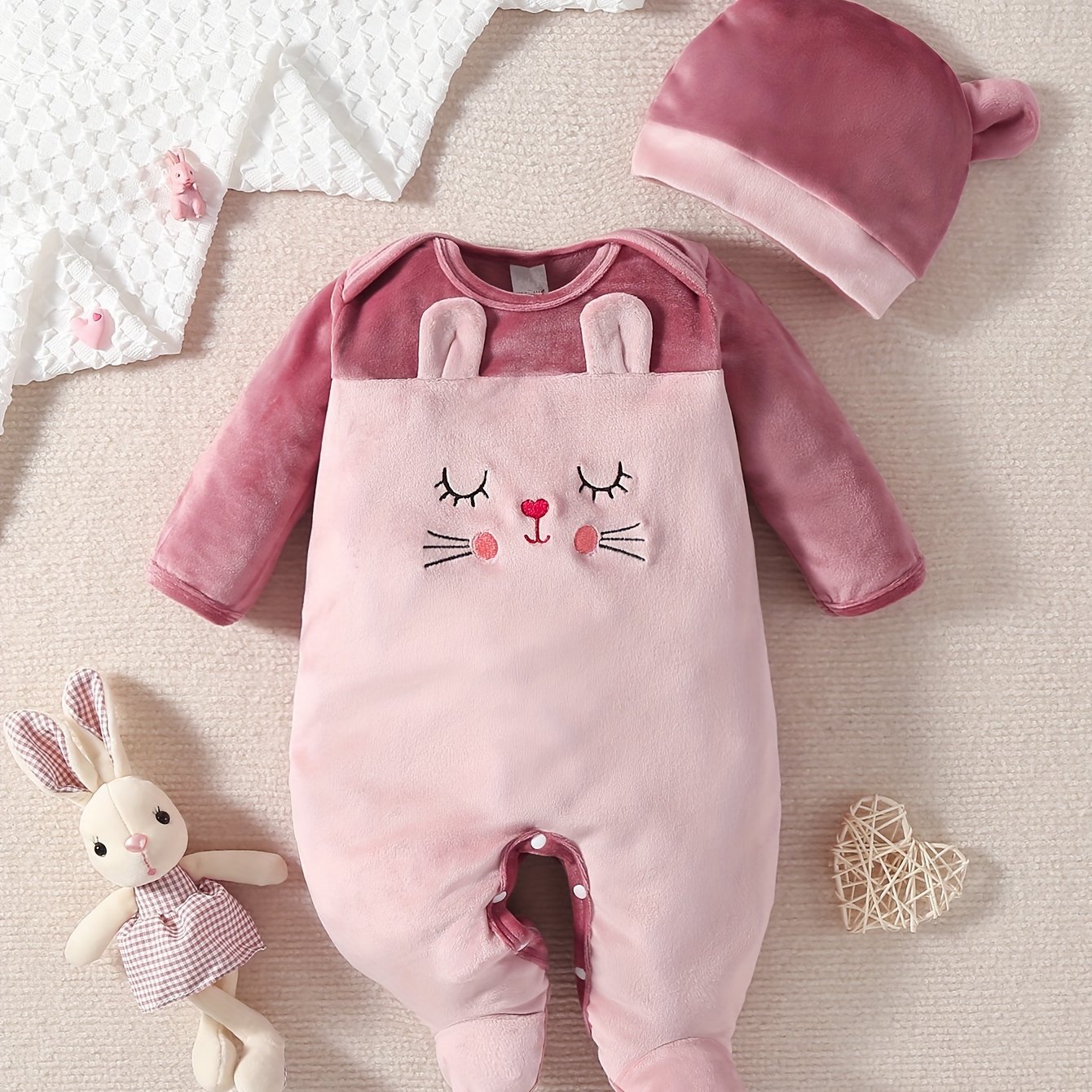 Image of Cute Baby Long-sleeved Footed Romper Hat Set, For Outdoor