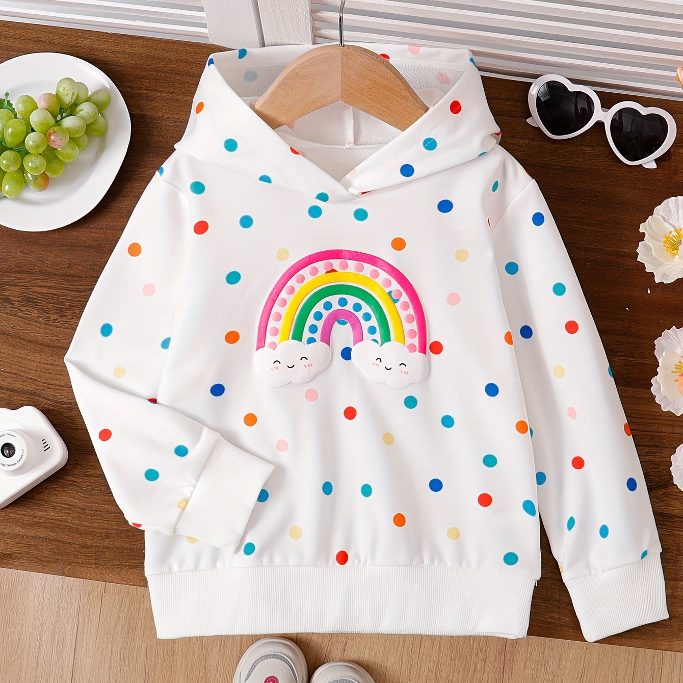 Image of Girls' Long Sleeve Sweatshirt, Autumn Winter Casual Fashion Bohemian Style Rainbow Print Girls' Autumn Winter Hooded Long Sleeve Print Sweatshirt