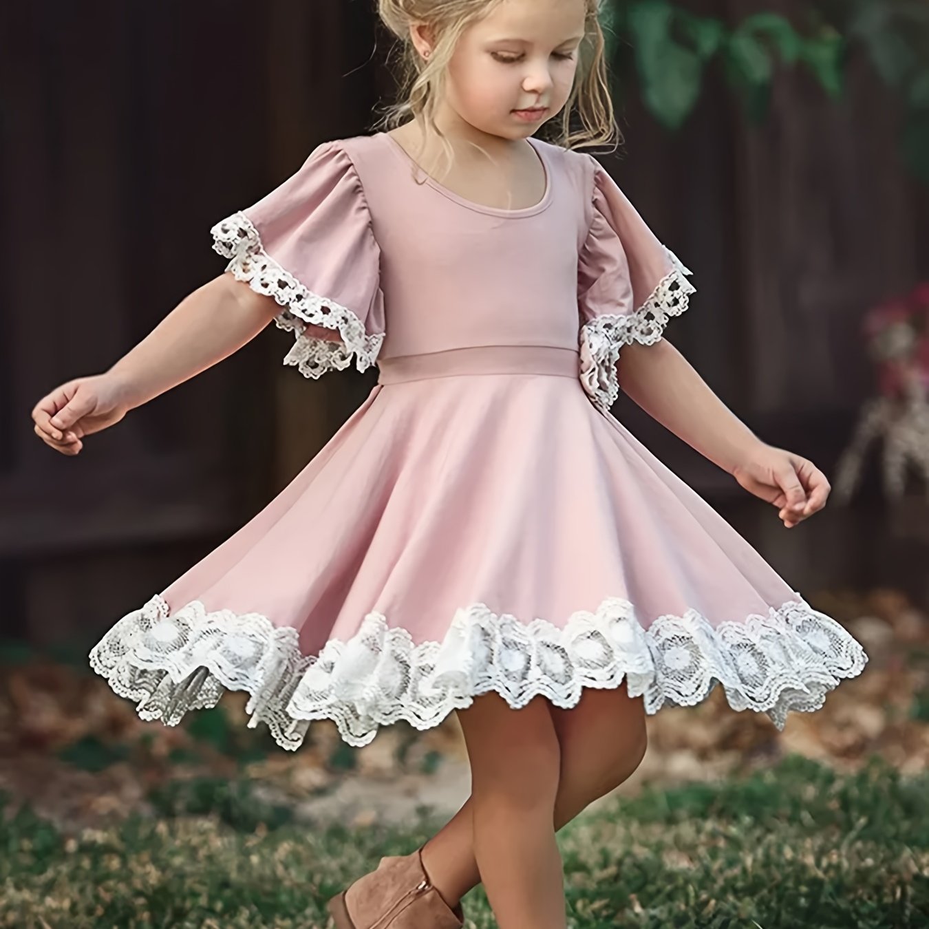 Image of Toddler Girls Sleeve Contrast Lace Trim Princess Dress For Party Beach Vacation Kids Summer Clothes