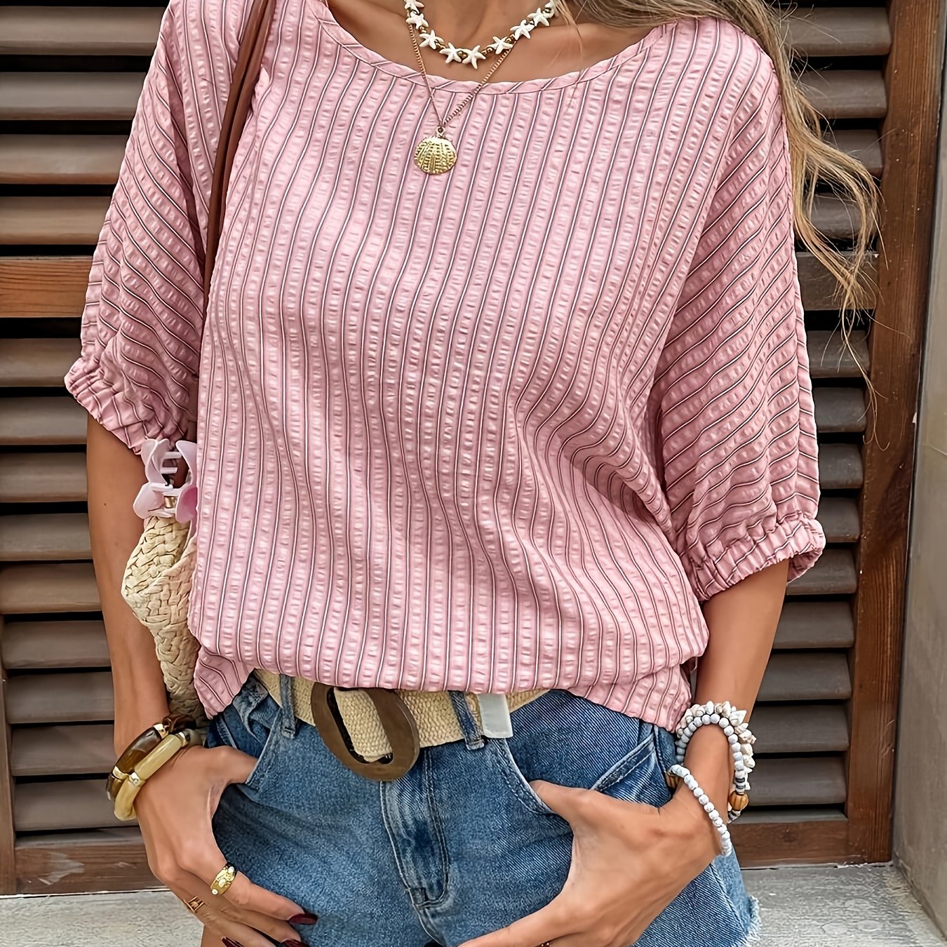 TEMU レディース カジュアル ストライプ柄 半袖 ルーズシャツ 夏 休暇 通勤 普段着に最適