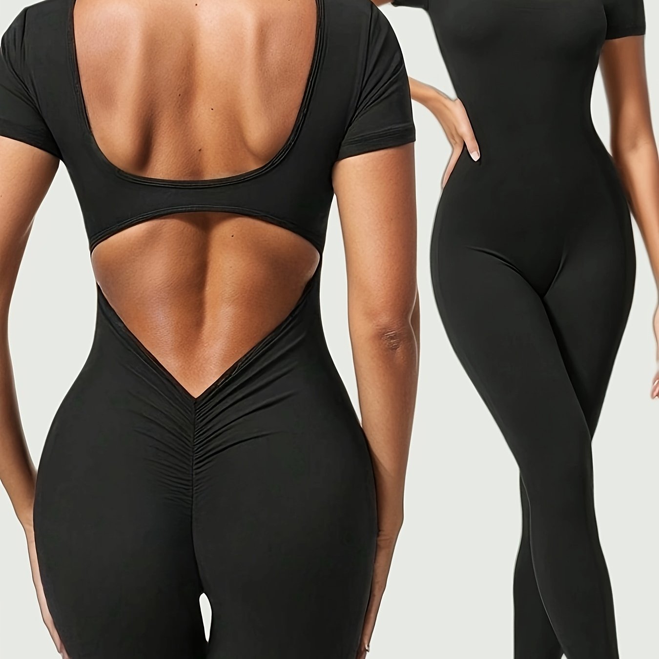 Image of Solid Color Crew Neck Short Sleeve Hollow Minimalist Seamless Stretchy Swear Set Full Bodynimalist Seamless Stretchy Swear Set