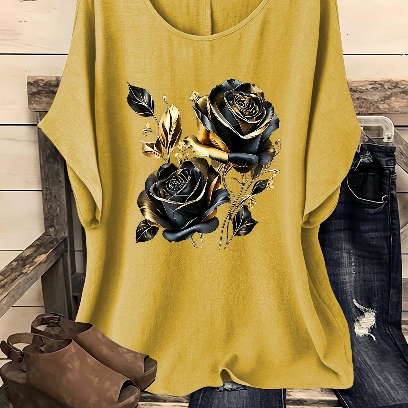 TEMU European And American Women' Bohemian Style Vintage Round Neck Short Sleeve Shirt, 1pc Women's Shirt, Vintage Women's Clothing, Women's Shirt,