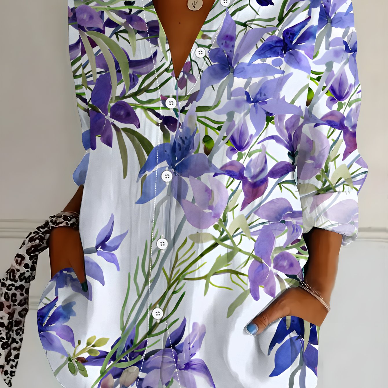 TEMU Plus Size Women's Long Sleeve Shirt, Print Shirt, -blue Tone Mid-length Women's Shirt, Soft Comfortable Skin-friendly Delicate Shirt