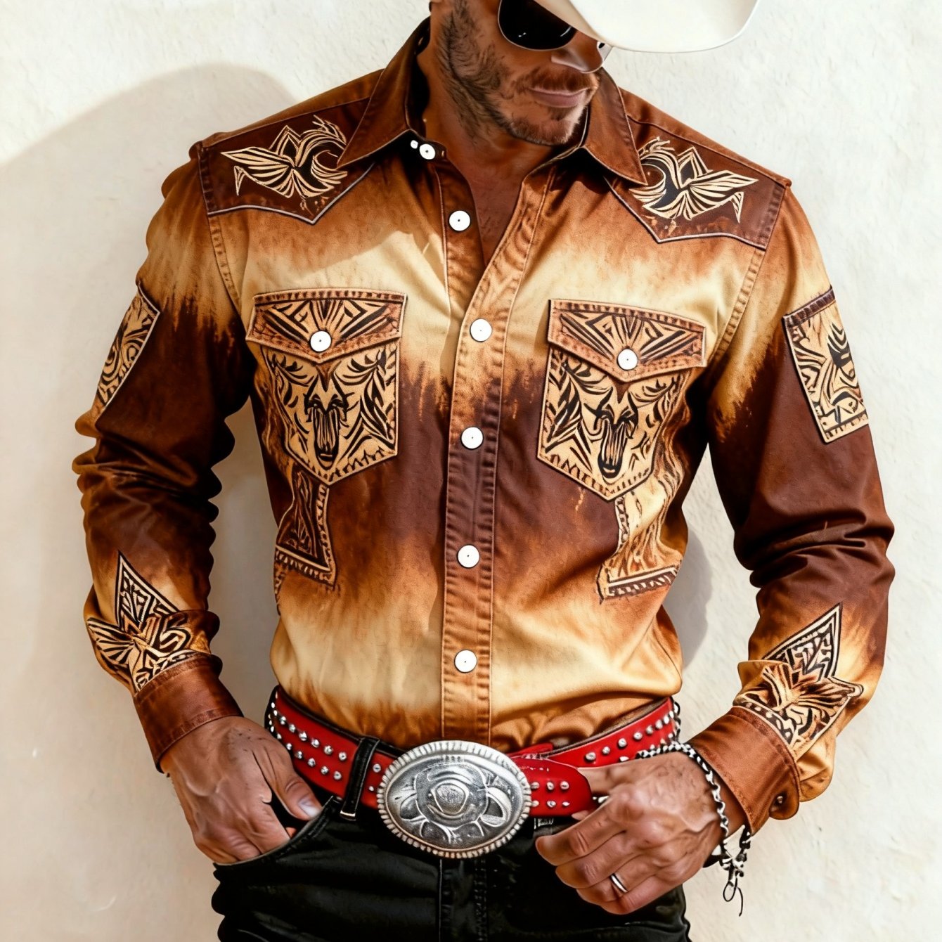 Men's Western Retro Gradient Bull Totem Printed Long Sleeve Shirt With Double Pockets, Suitable For Outdoor Camping Hiking Trips And Multiple , Casual Versatile Comfortable Wrinkle-resistant
