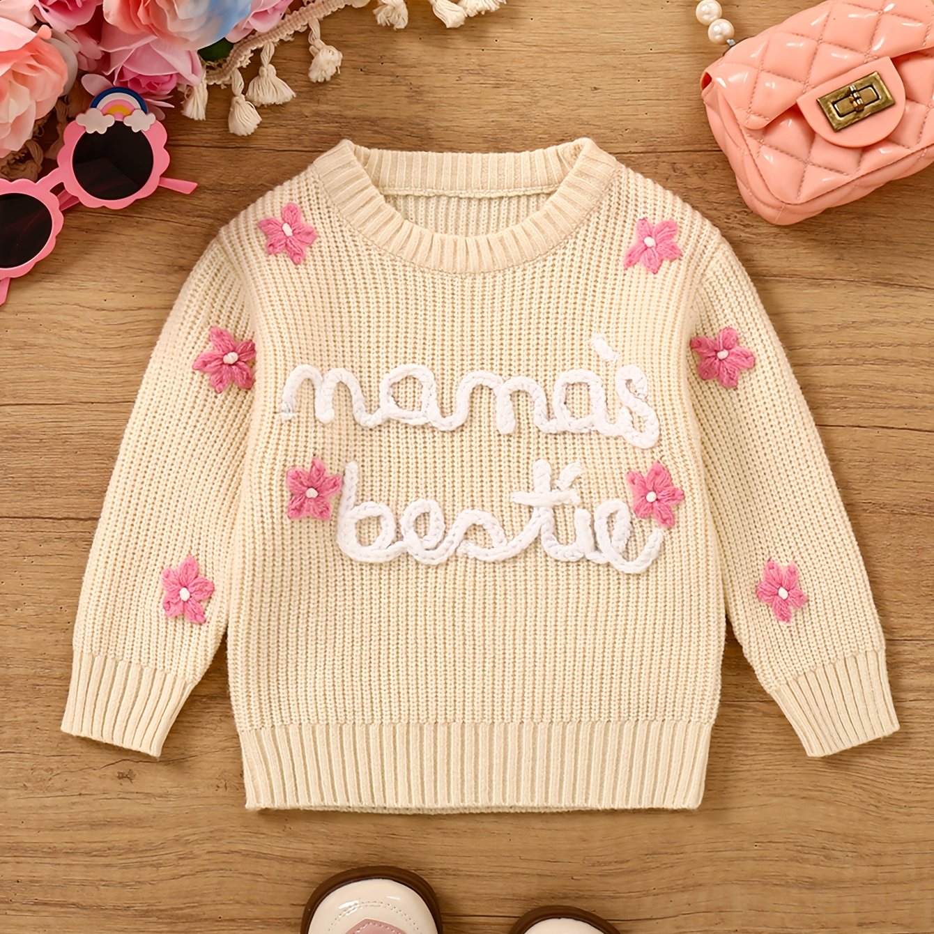 Image of Hand-embroidered Long-sleeve Pullover Sweater For Baby Girls With Spring And Fall Letters And Floral Designs
