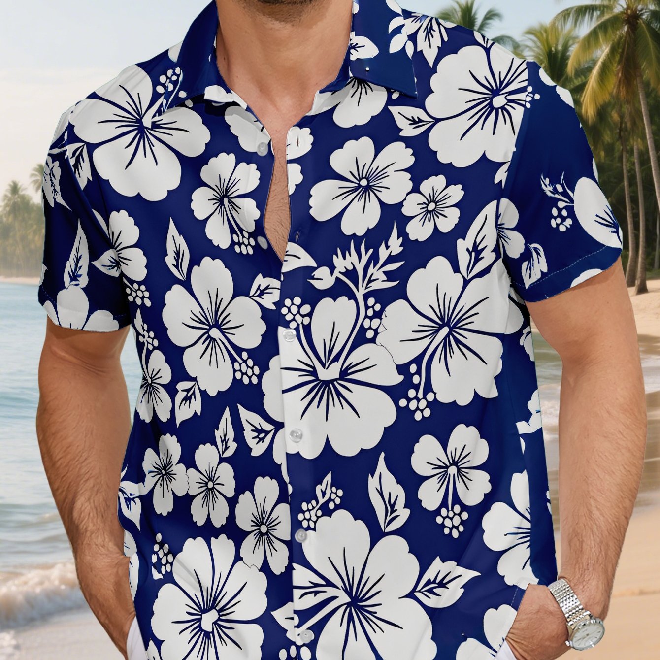 TEMU Men's Hawaiian Print Short Sleeve Shirt, Casual Polyester Vacation Beach Top For Casual Attire