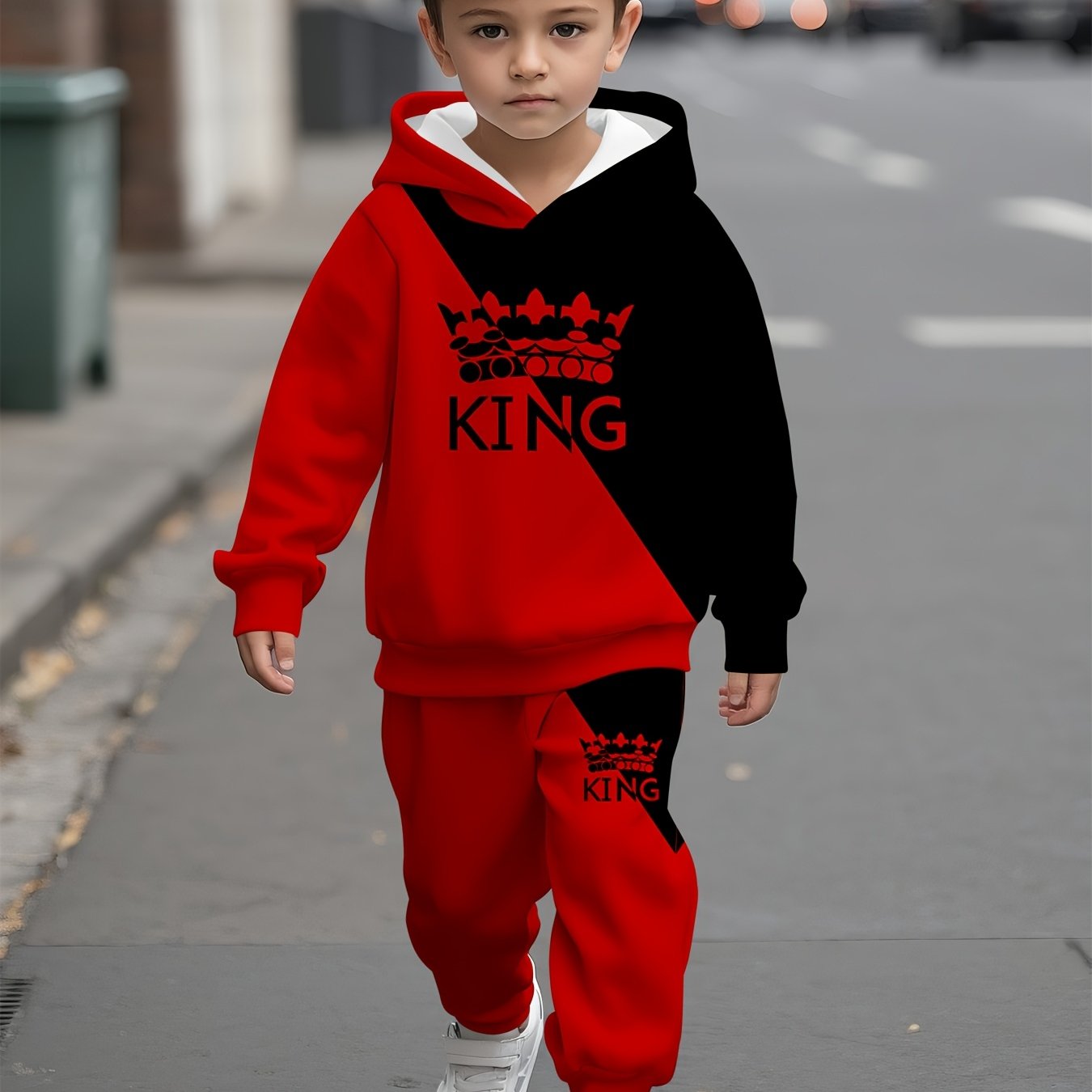 Image of Baby Boy Hooded Sweatshirt Set, With A Red And Black Crown Print, A Stylish, Casual And Comfortable Set For Going Out And Exercising, Perfect For Outdoor