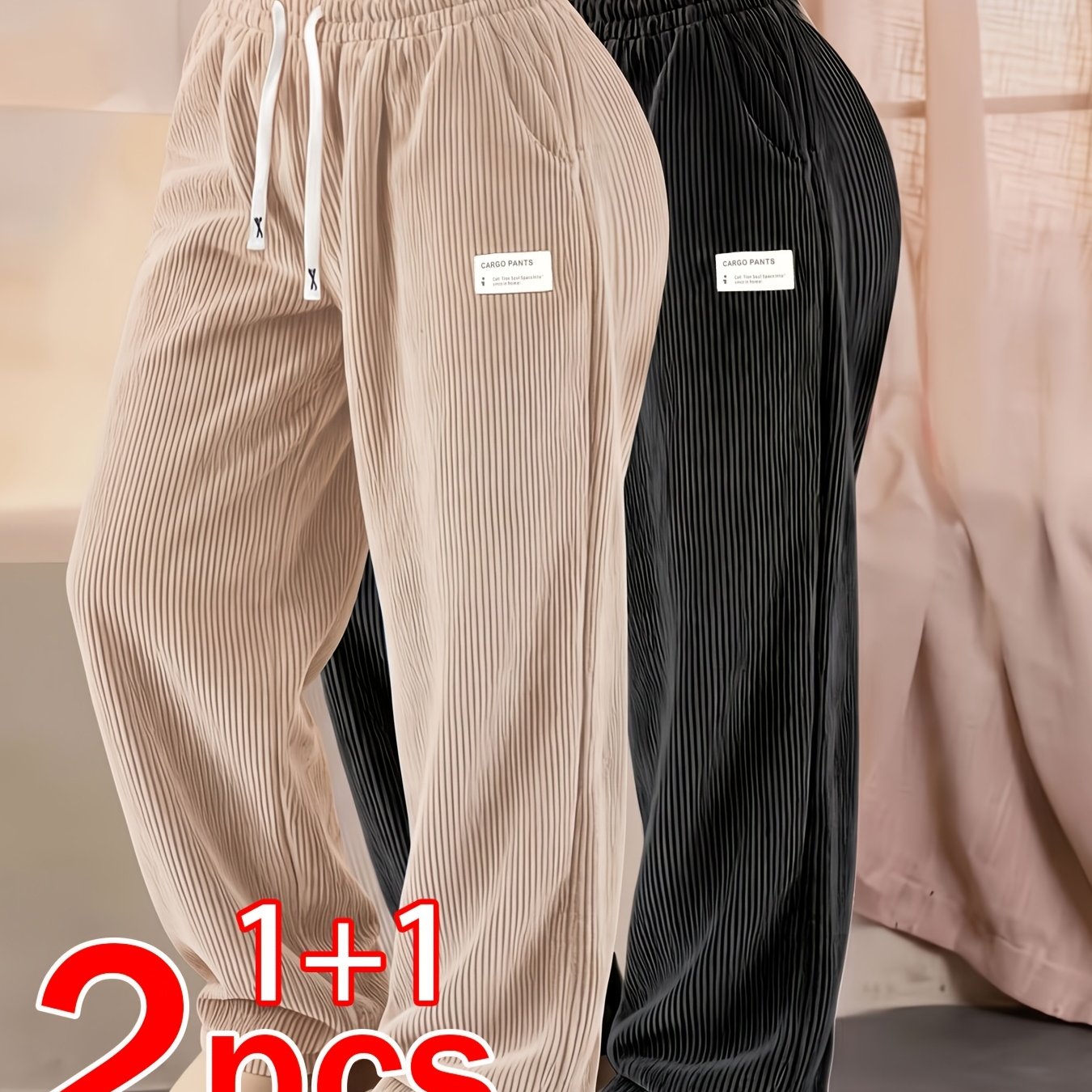 TEMU 2pcs New Women's Corduroy Sport Casual Long Pants, Straight-leg Design, Solid Color With Drawstring, Pockets, Breathable And Comfortable,