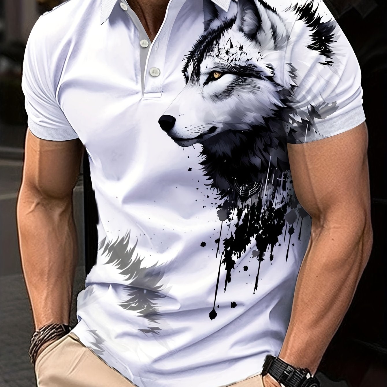 E-shop Herren Sommer Kurzarmhemd - Schnelltrocknend, Lässiger Business-Stil mit künstlerischem Wolf-Print, Button-Up Kragen, Reguläre Passform, Sommer