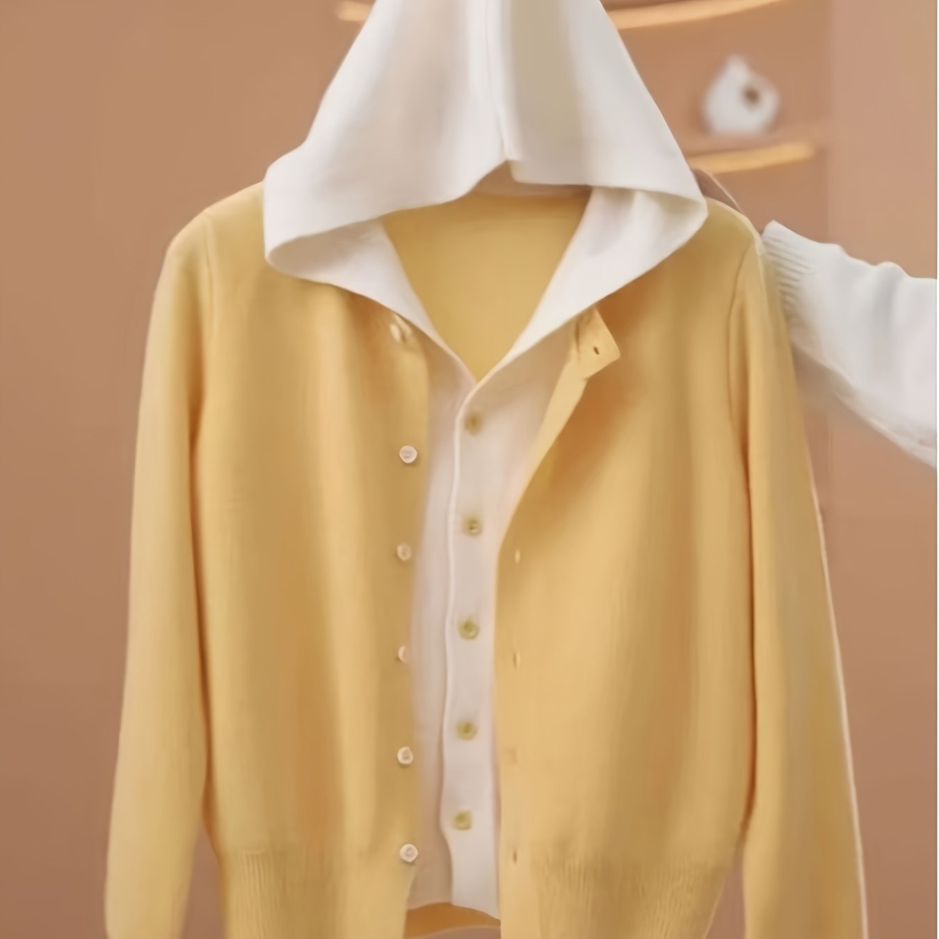 TEMU Women's Mustard Yellow Cardigan Sweater - Mustard-yellow With Golden Buttons, Soft Long Puff Sleeve Blouse-like Jacket For Office, Casual &