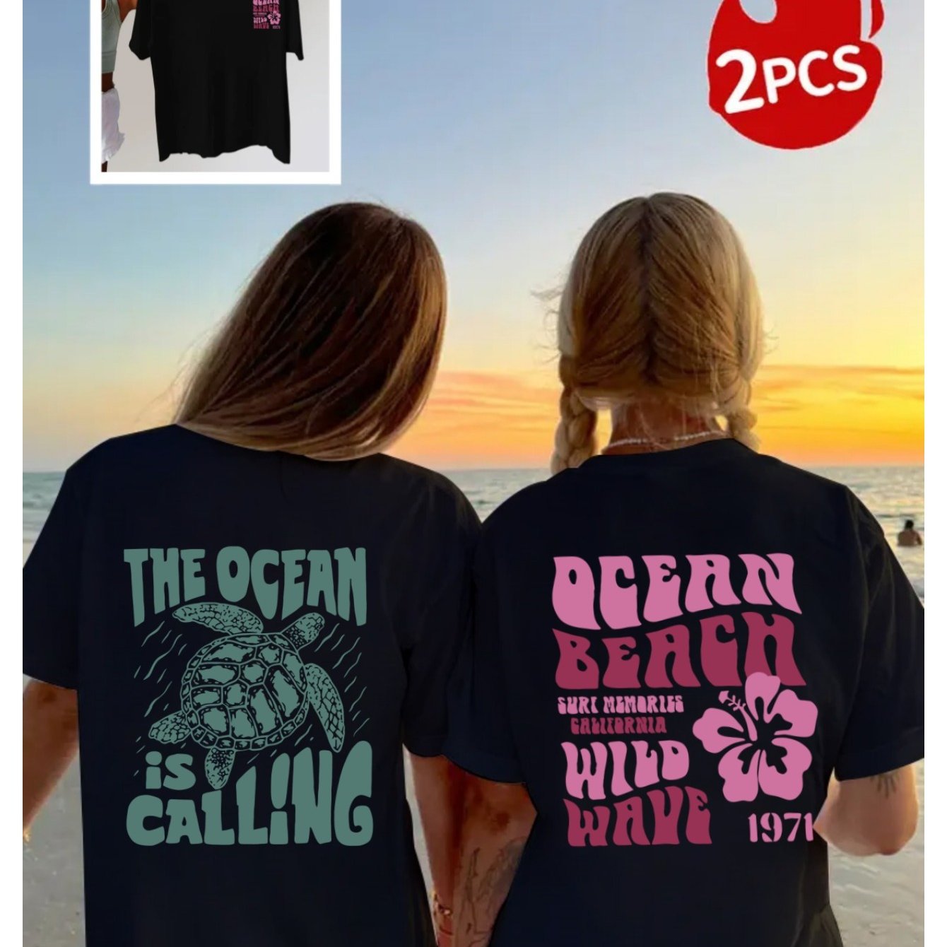 TEMU Two-piece Set Of Turtle And Flower Print Fashion Short-sleeved Casual Crew Neck T-shirts For Couples/bff - Perfect For Spring/summer/fall