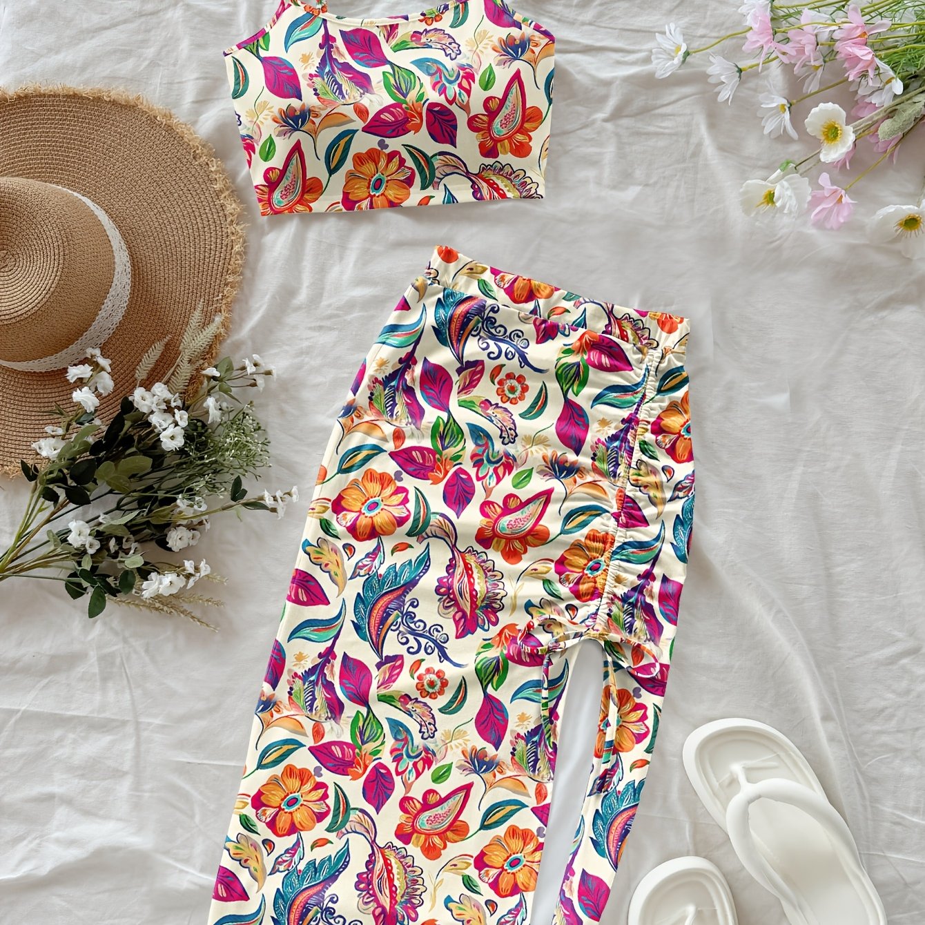 TEMU Women's Fashion Floral Pattern Short Camisole Skirt, Women's Casual Vacation Camisole Set
