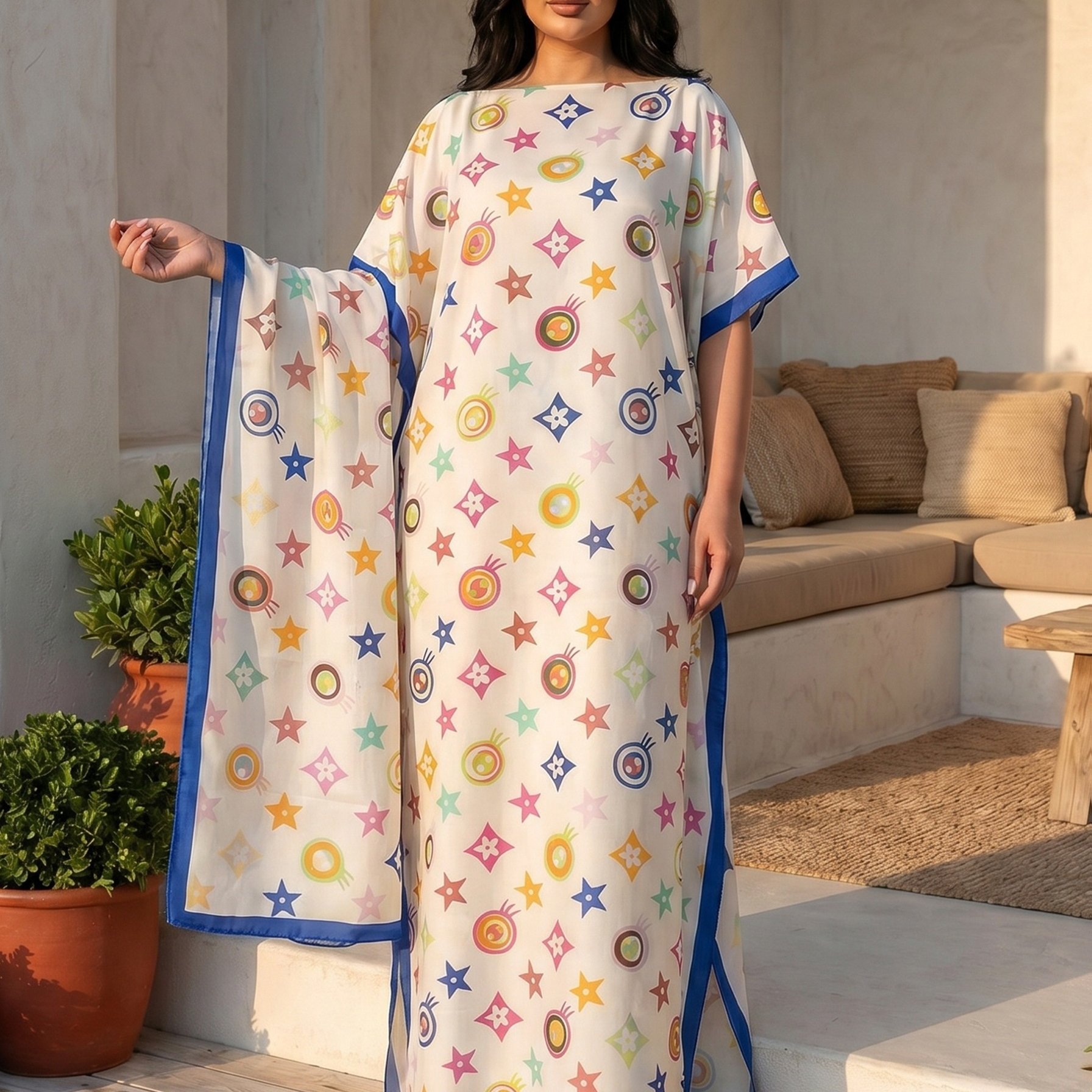 TEMU Grande Taille - Grande Taille - Ensemble 2 pièces Tendance Éthnique Imprimé Floral Kaftan Robe Maxi et Foulard Élégant Vêtement de Plage Taille