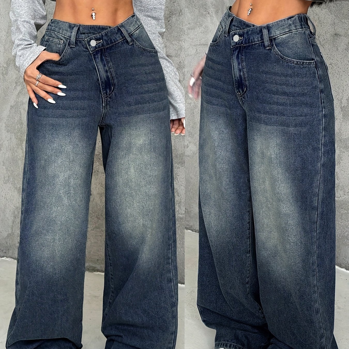 Women's Loose Straight-leg Jeans With Diagonal Zipper And Hidden Button