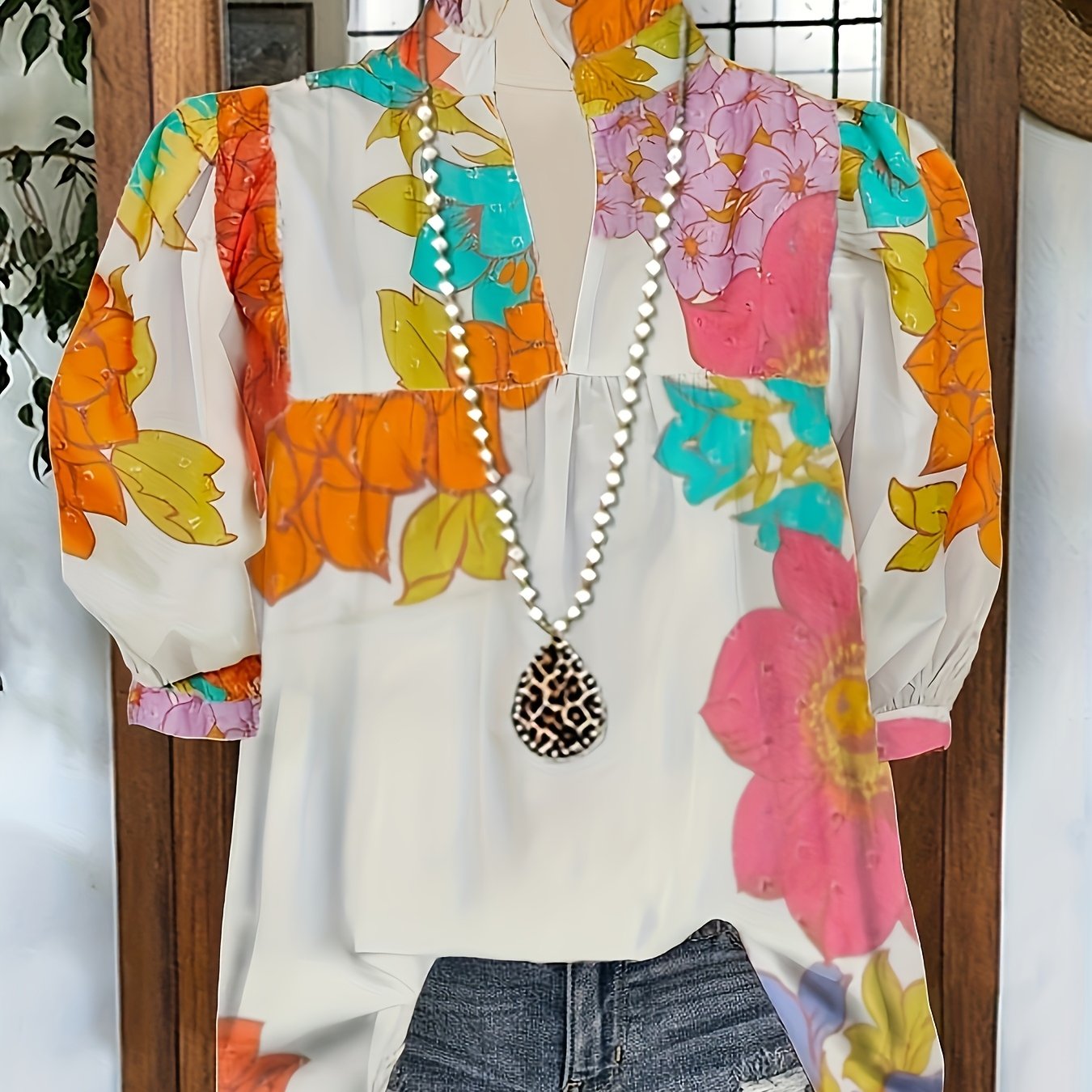 TEMU Women's Casual Floral Print V-neck Short Sleeve Top With Pleated Cuffs - Lightweight Polyester Blouse For Spring, Summer & Fall, Floral Print Blouse