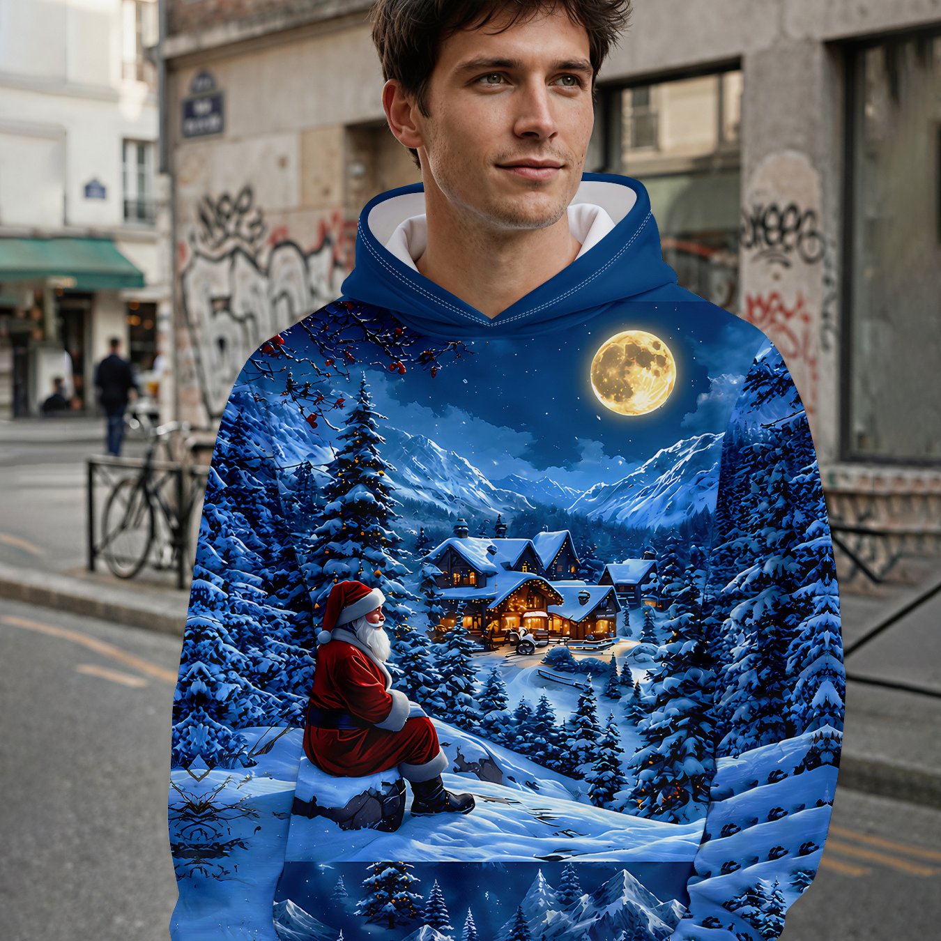 TEMU Men's Hoodie With Santa Claus In Blue- Snow Scenery Print. Ideal For Christmas Trips And Holiday Gatherings To Create A Strong Festive Vibe, A