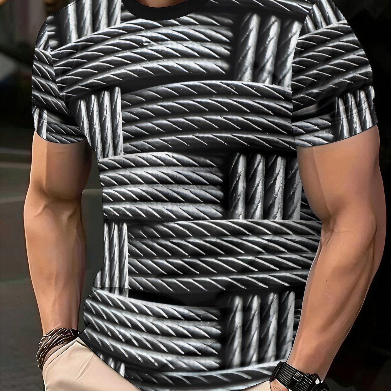 TEMU Men's Slim-fit Short-sleeve T-shirt With A Round Neck Featuring A Black And White Cable Texture Print, Suitable For Commuting