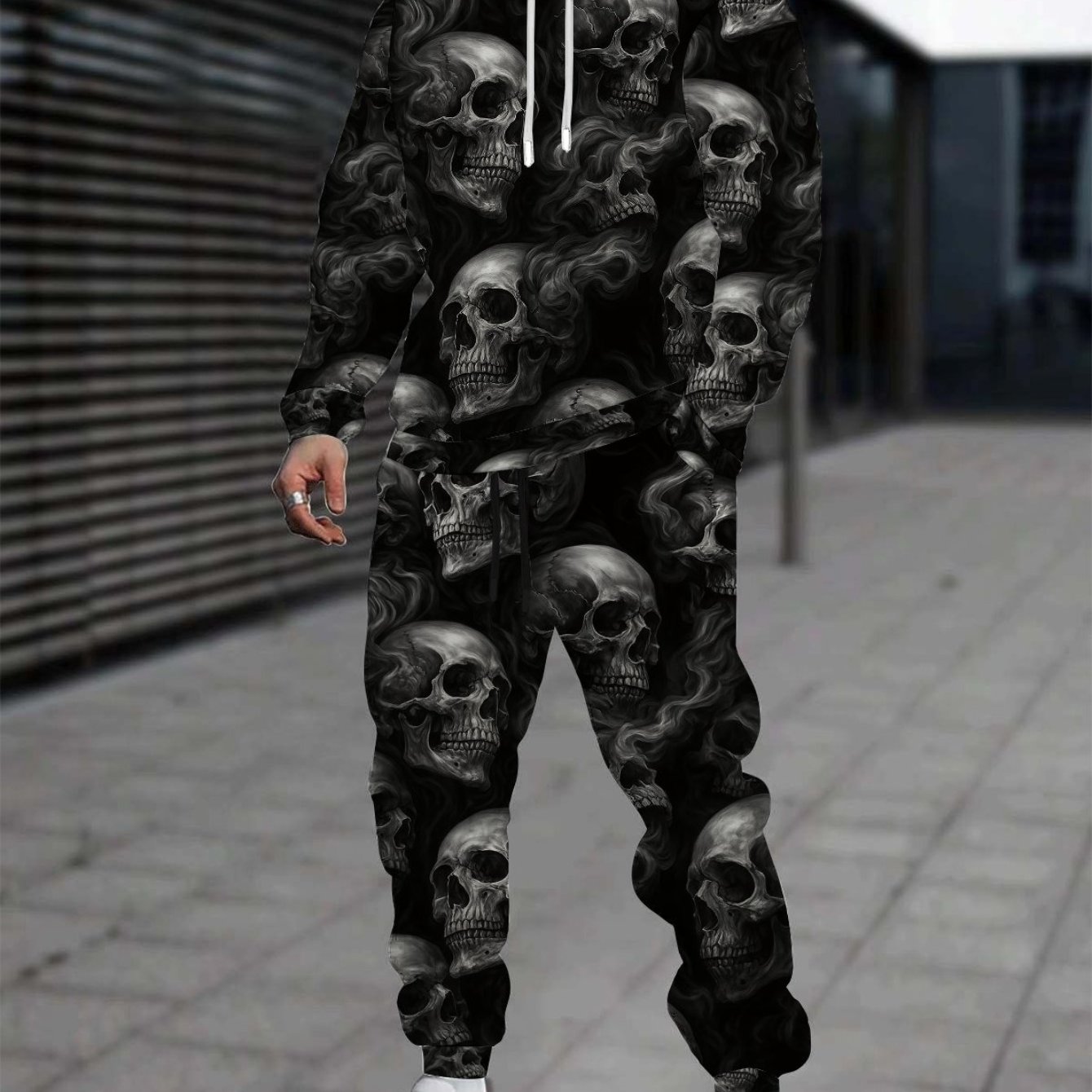 Image of Black Skull Print Men's Hoodie And Sweatpants Set, Perfect For Casual Wear In Autumn And Winter, And For Streetwear And Hip Hop Styles