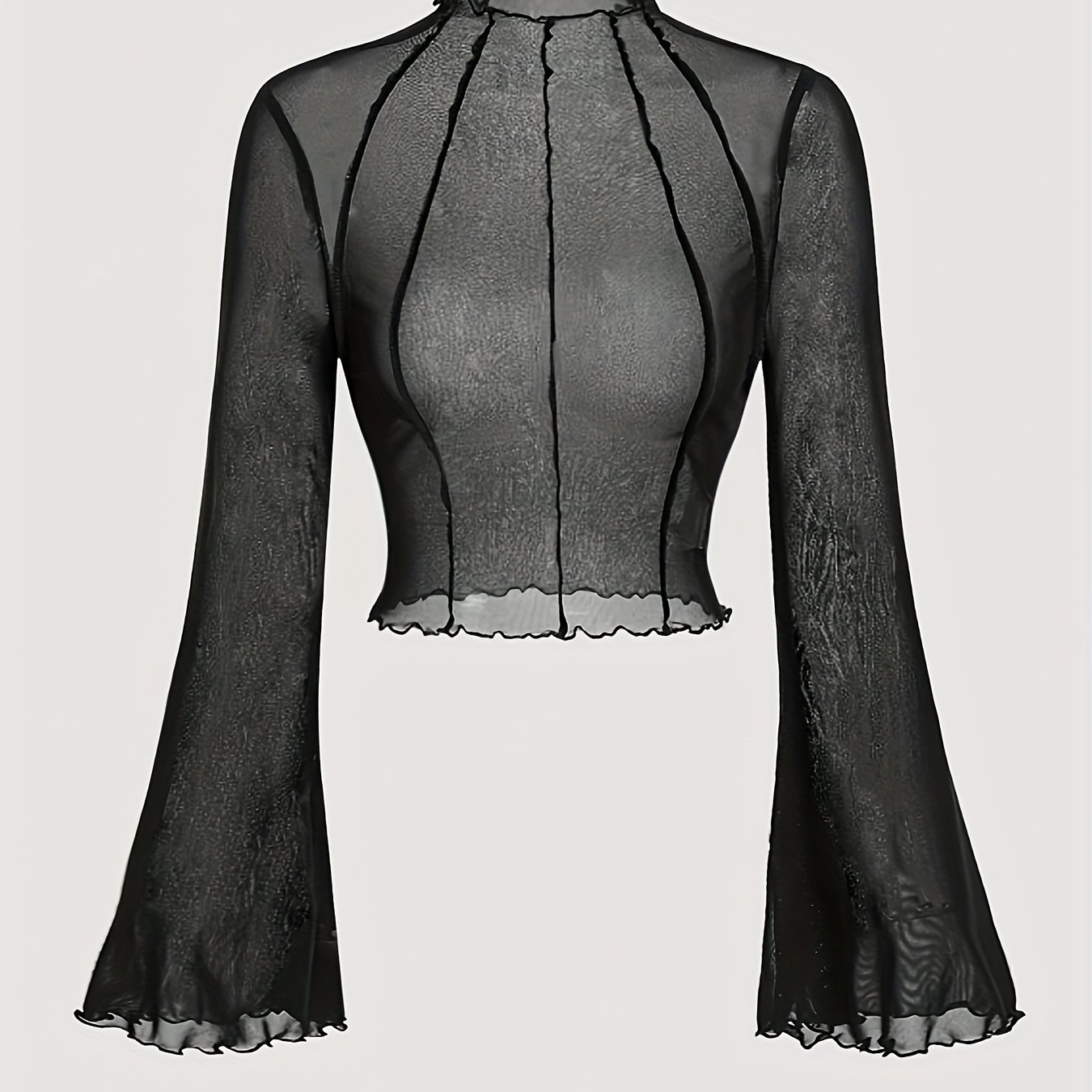 E-shop Elegantes Glockenärmel Langarmshirt in Unifarben für Damen, mit transparentem Mesh-Gewebe, Rüschenkanten und weiten , für Frühling und Sommer