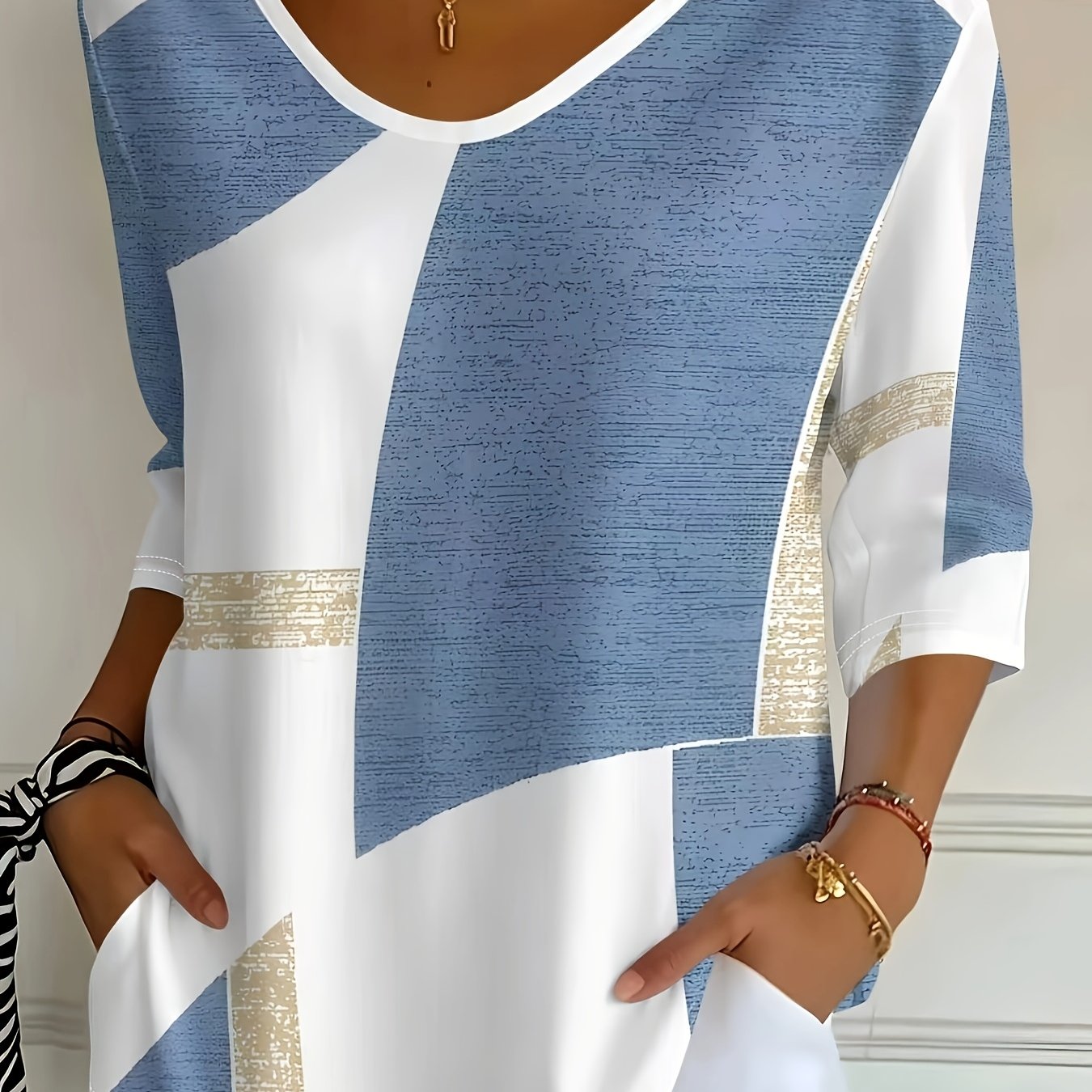 TEMU T-shirt pour femme à imprimé plat 2D, nouveau style vacances, imprimé géométrique , col en V, manches trois-, haut décontracté de printemps et