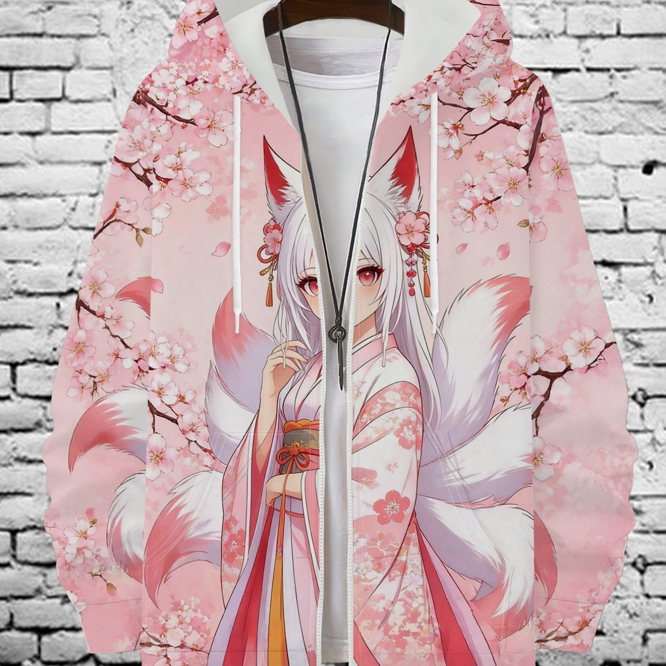 TEMU Japanese Anime Cherry Printed Men's Hooded Zip-up Sweatshirt Trendy
