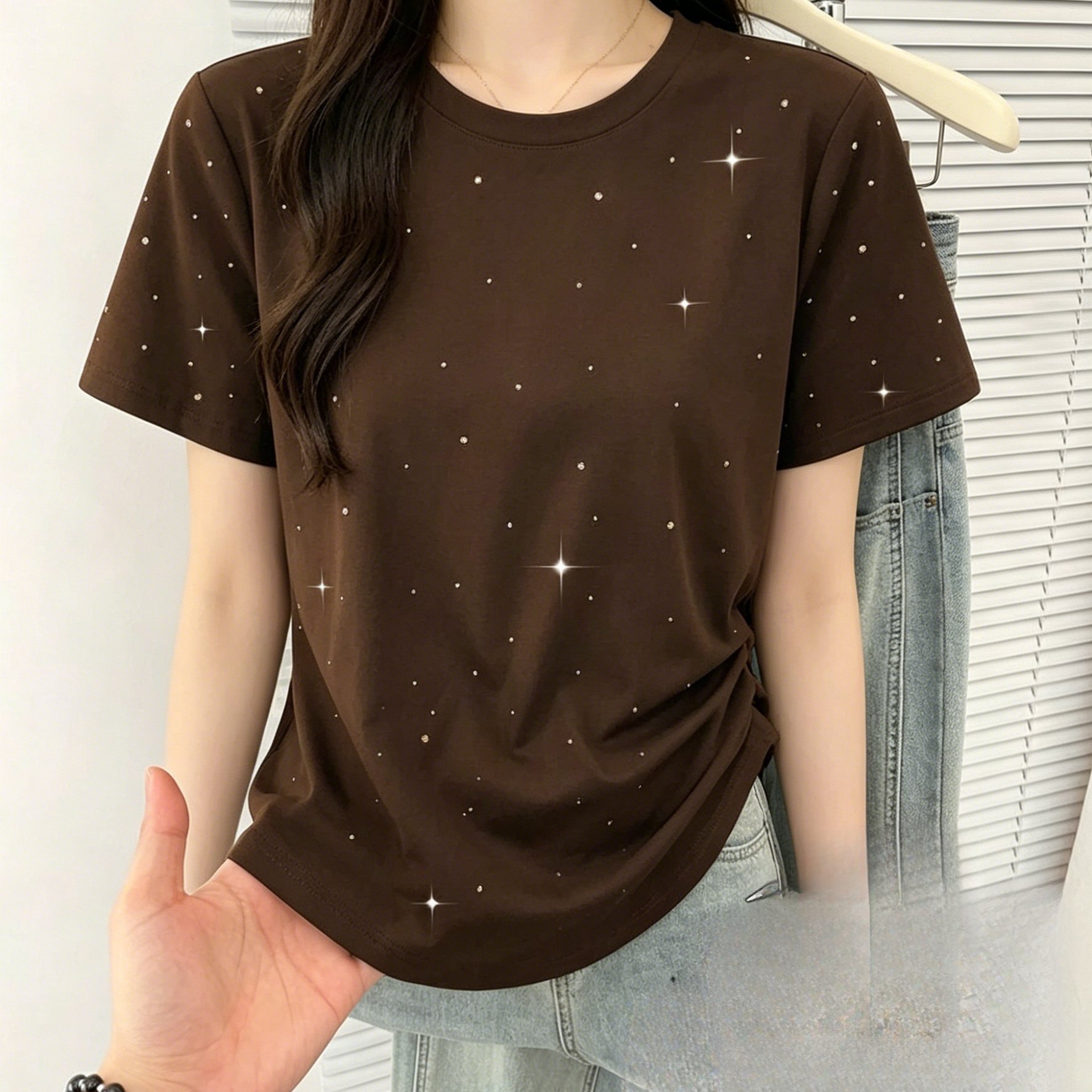 TEMU Women's Crew Neck Short Sleeve T-shirt, Brown With Starlight Sparkle Print, Regular Fit Printed Design â Not Textured