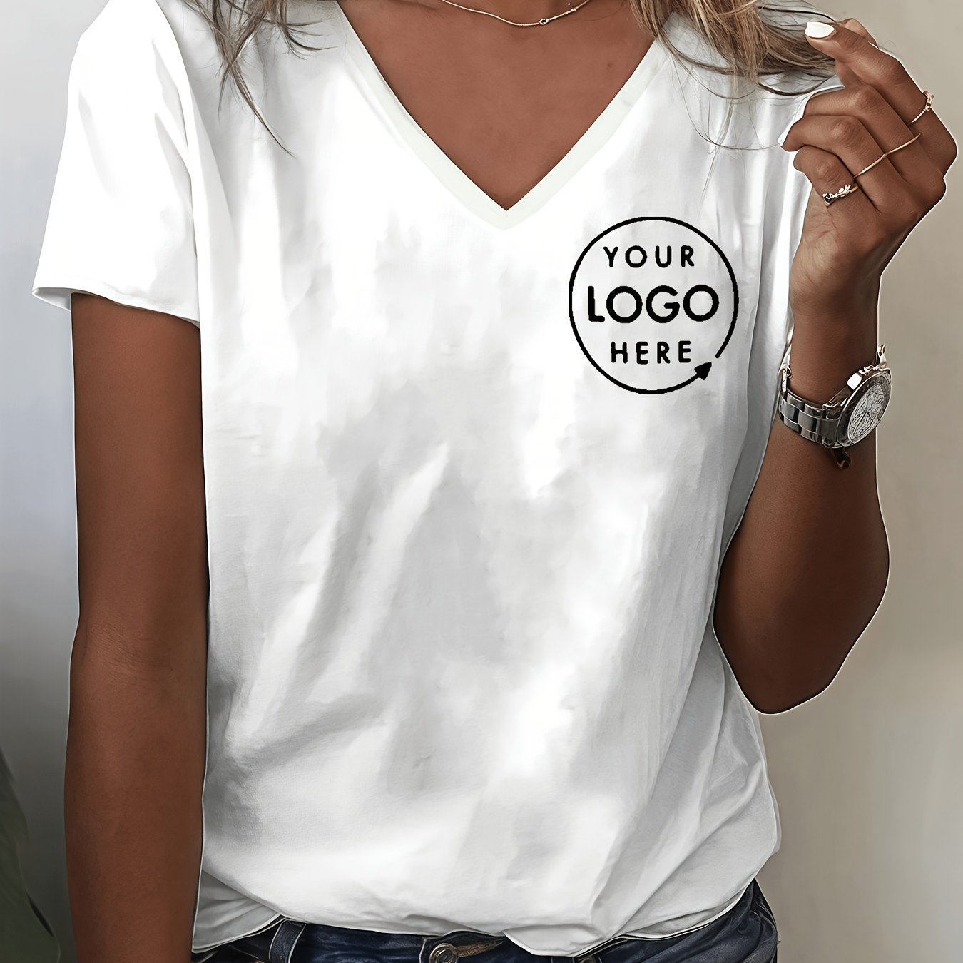 TEMU Custom V-neck Short-sleeve T-shirt For Women With Custom Print