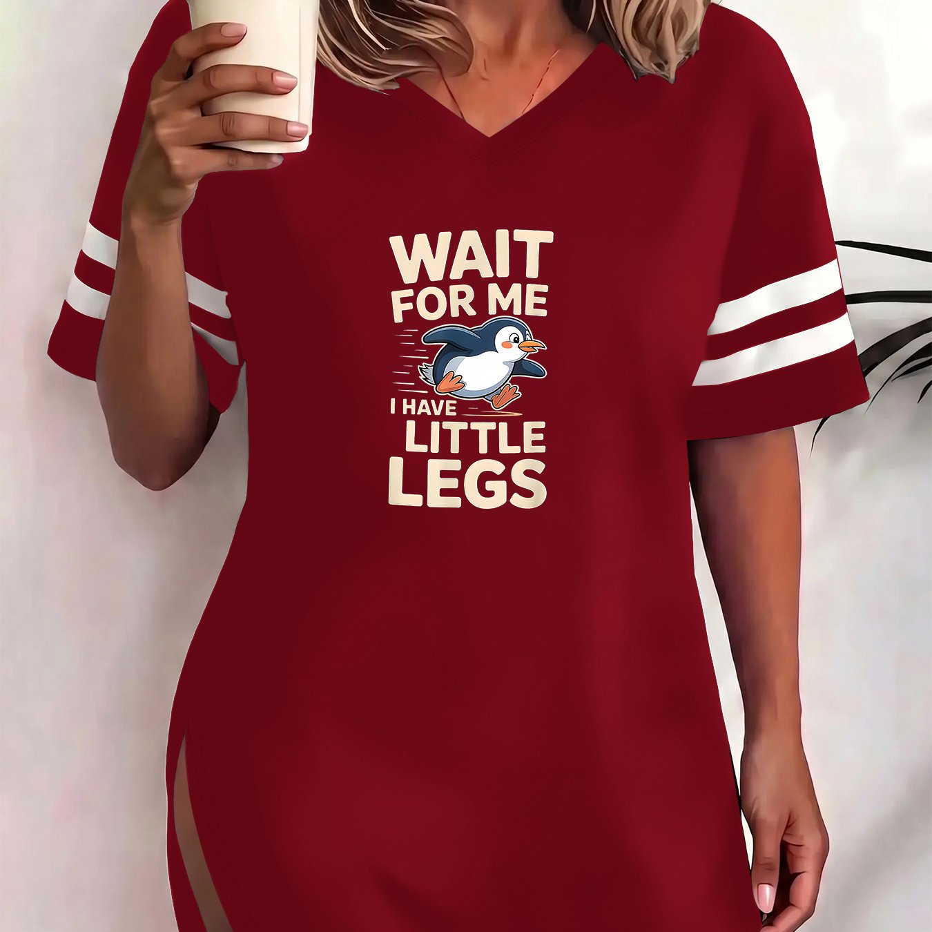 TEMU Plus Size - 1xl-8xl Plus Size V-neck Short Sleeve T-shirt With Side Slit Women's Casual Top, Featuring " I Have Little Legs" Easy Line Penguin