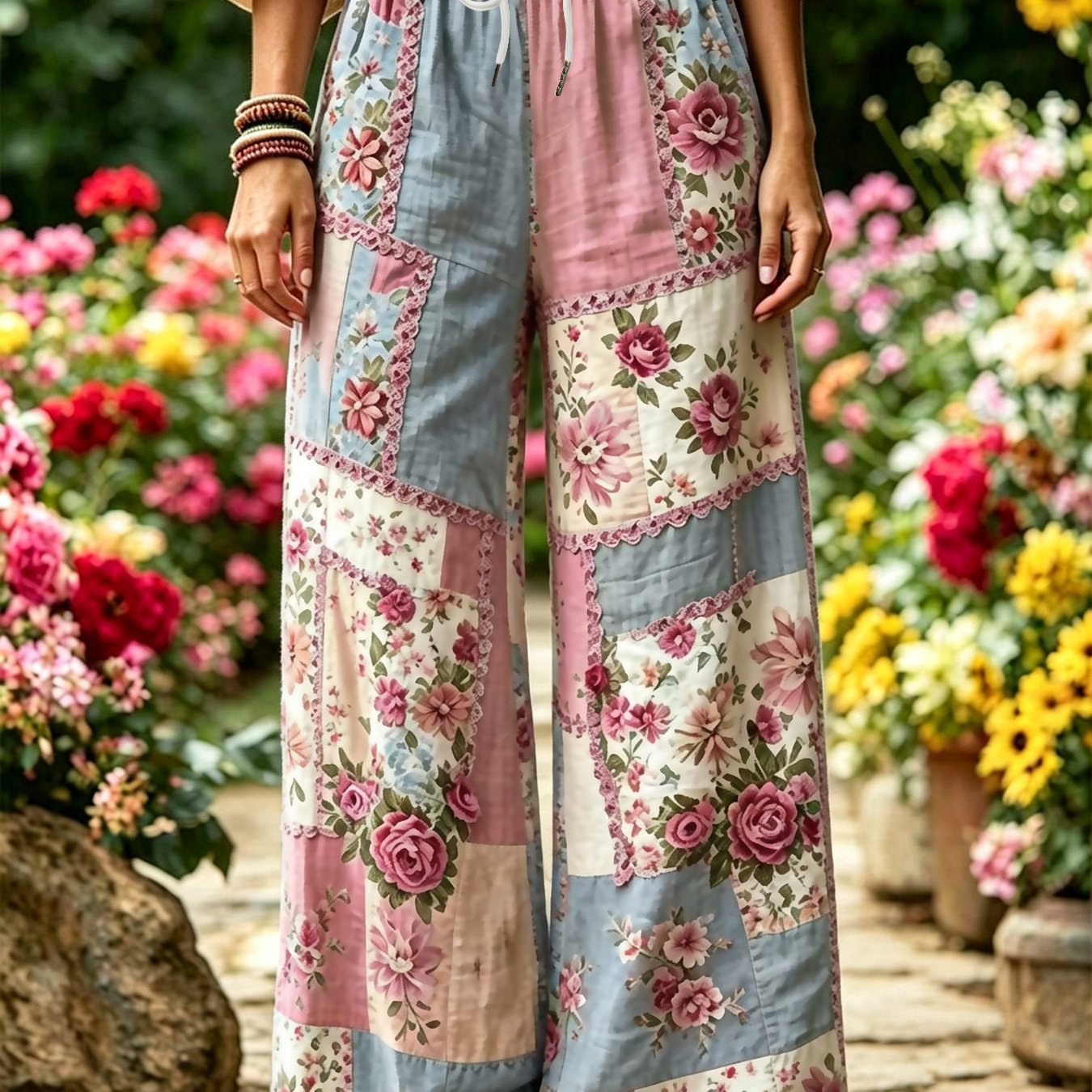 TEMU Women's Wide-leg Trousers With Vintage Print - Elastic Drawstring Waist Loose Straight-leg Pants Suitable For Spring Summer Fall Casual Wear,