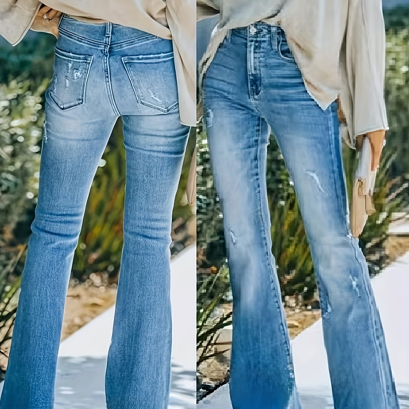 Image of 26aw Women's Stretch Vintage Versatile Casual Fashion Elegant Mid-rise Pocket Machine Washable Durable Slim Fit Faded Gradient Ripped Flared Denim Pants Street Style
