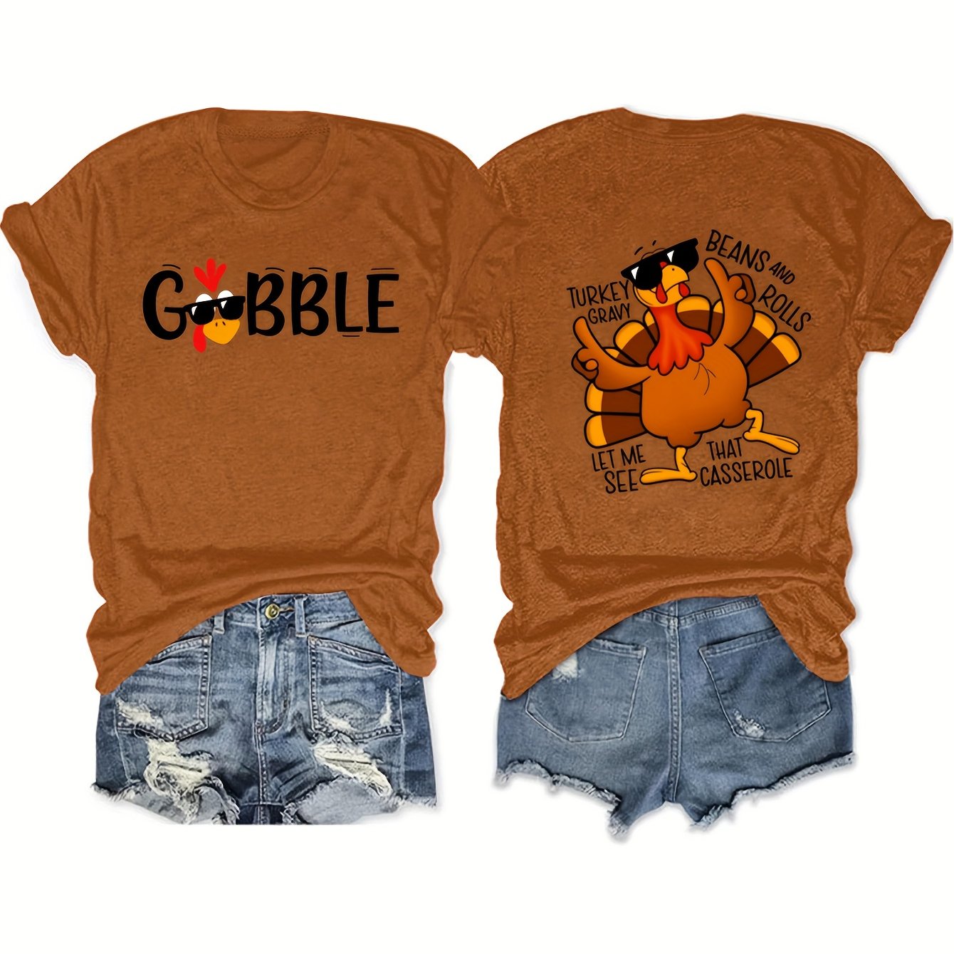 TEMU Thanksgiving Women's Casual Loose Basic Shirt Stylish Front And Back Printed T-shirt