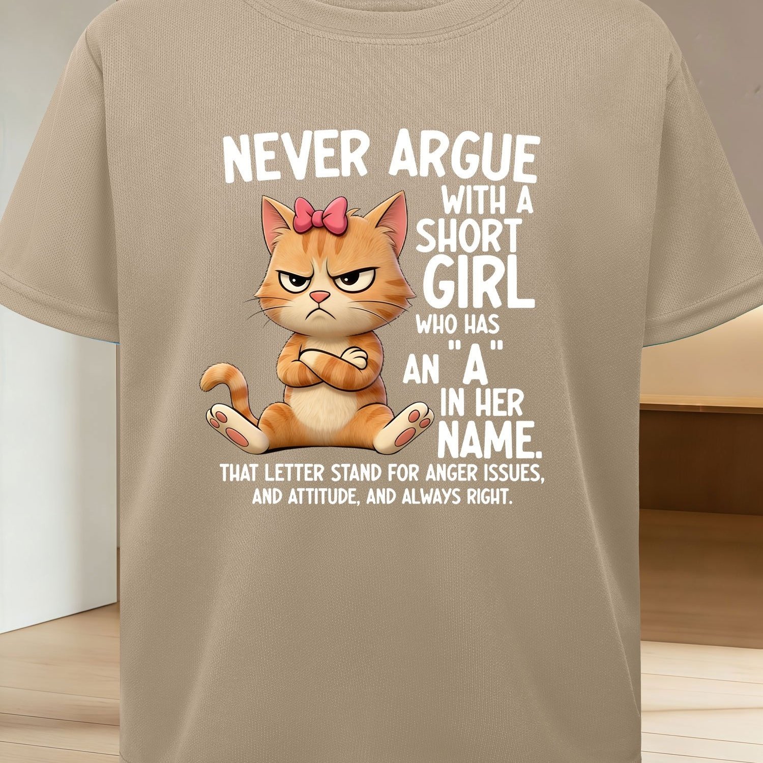 TEMU Angry Cartoon Cat Pattern T-shirt - Unique T-shirt With Cat Faux Fur Design, Featuring The Funny Slogan: "never Argue With A Whose Name Contains