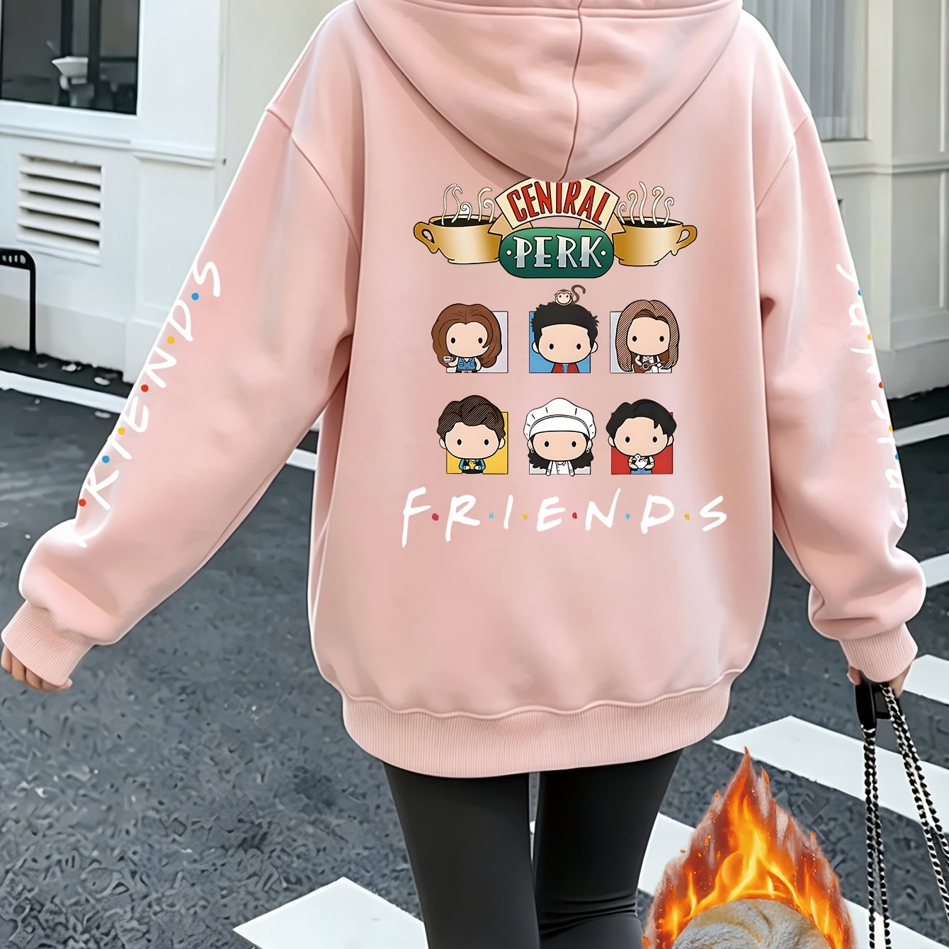 TEMU 1pc Printed Women's Autumn/winter -lined Hooded Sweatshirt With Front Zipper, " " Café 6 Main Characters Q-version Cartoon Headshots Back Print,