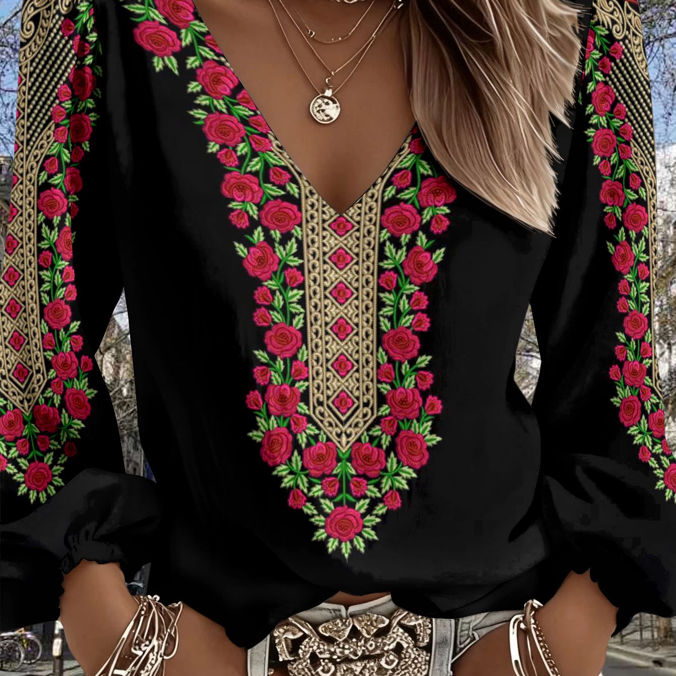 TEMU Chemise Femme Bohème Rétro Western à Col en V - Blouse à Manches Lanternes, Lavable en Machine, Blouse à Manches Longues Printemps/Été, pour