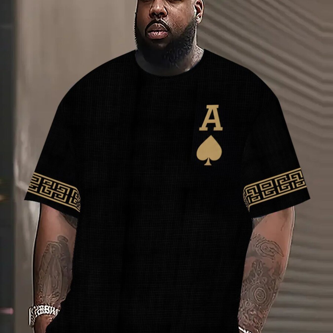 TEMU Plus Size Men' Luxury Short Sleeve Shirt, A Letter Print Round Neck T-shirt, Retro Cuff Design, Loose Trendy Oversized Casual Men's Clothing