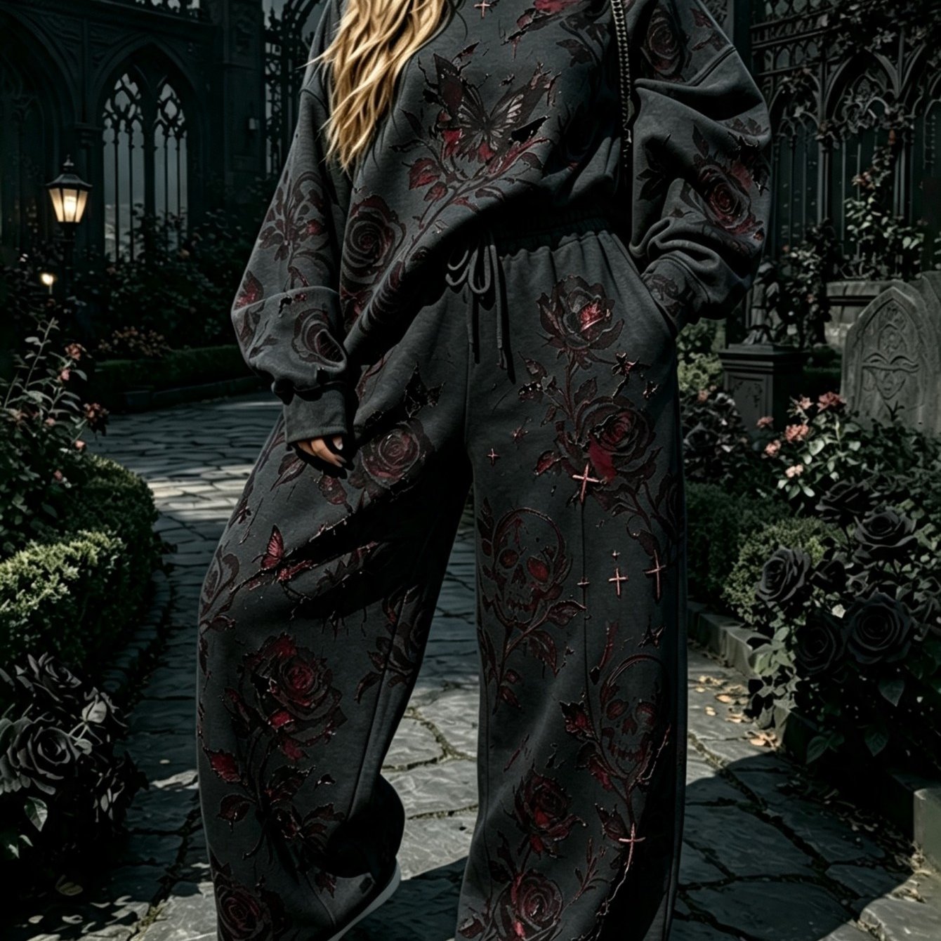 Image of Gothic Rose Skull Women'-piece Set Women's Crew Neck Sweatshirt High-waist Wide-leg Sweatpants Outfit Essential Spring Summer Trend Durable Casual Fashion Breathable Comfortable Trendy