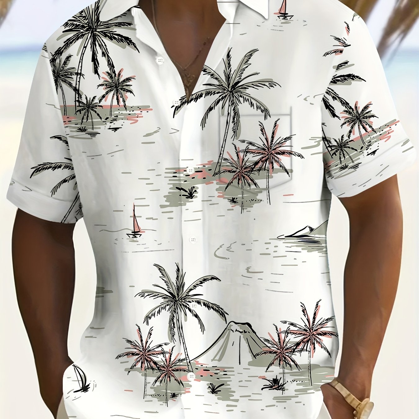 TEMU Men's Tree Button-up Shirt - Made Of Lightweight Polyester, Short Sleeves, Machine Washable, Suitable For Summer, Spring, And Autumn, Featuring