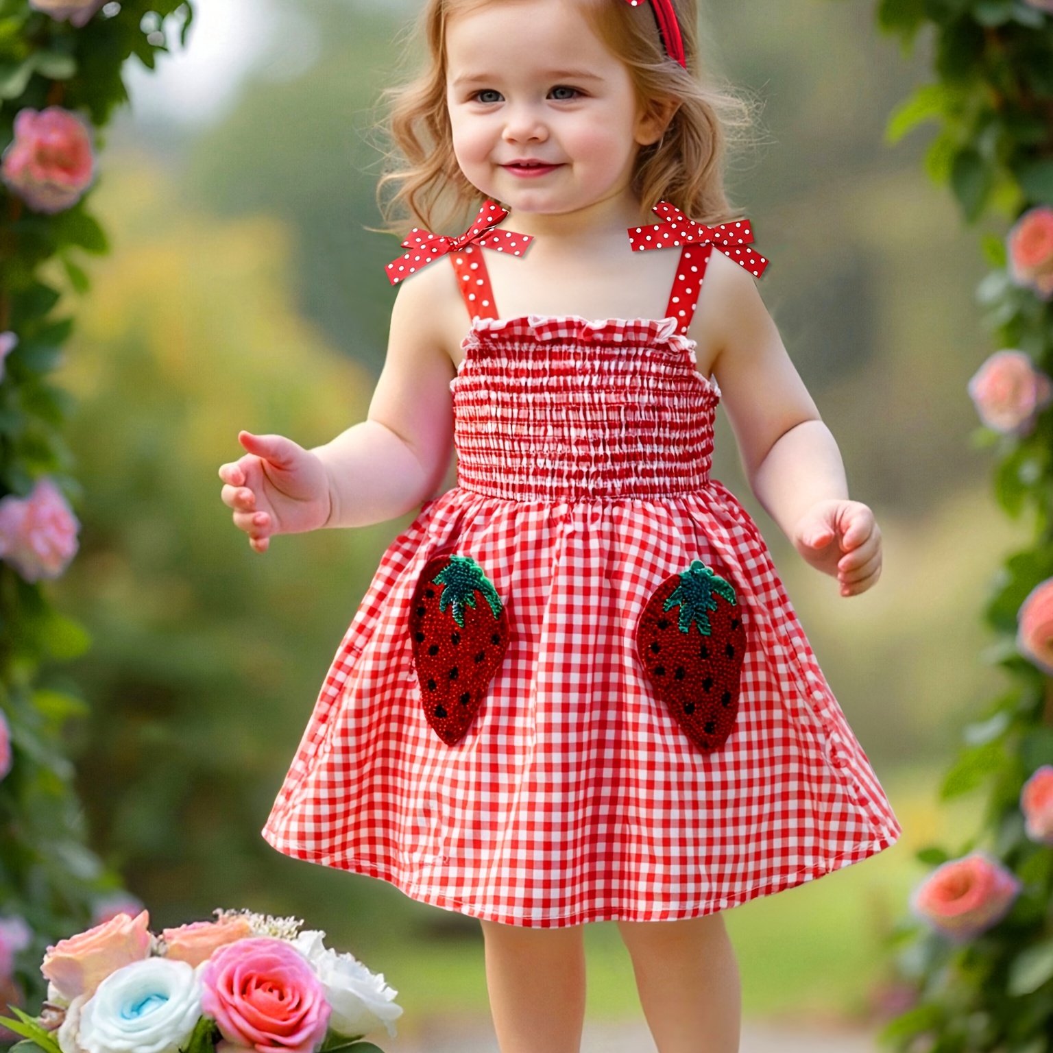 Image of Summer-appropriate - Female Infant 0-3 Years Old - Cute Checkered Print - Strawberry Stamp Baby - Waist-cinching Tie-strap Fixed 3d Dress