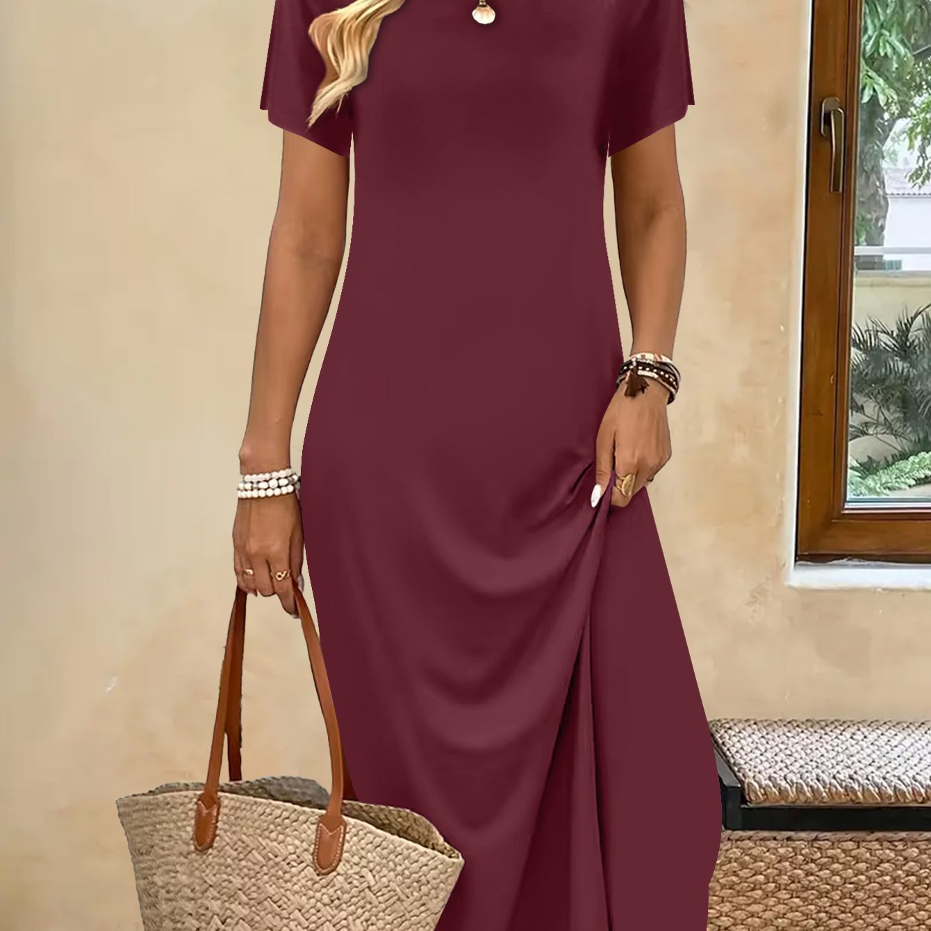 TEMU Summer Women's Fashionable Dress, Easy Casual Dress, Round Neck Short Sleeved Elegant Temperament Dress, Breathable Long Dress, Suitable For