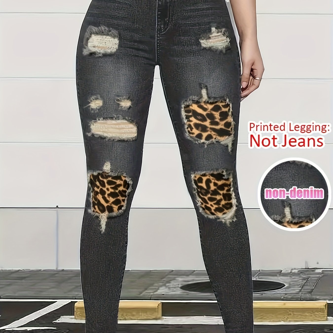 TEMU [Estampa Jeans/Imitação de Jeans] Legging Estampada - Não é Tecido Jeans [Estampa Jeans/Imitação de Jeans] Calça Feminina de Verão, Legging com