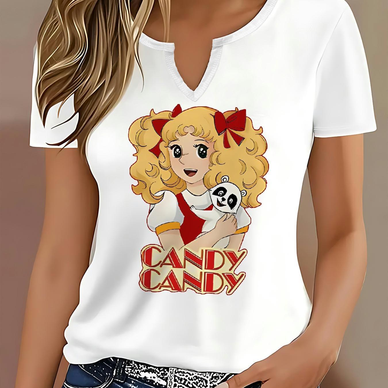 TEMU T-shirt compact à col en V, design tendance avec lettres anglaises, style décontracté et flexible, facile à