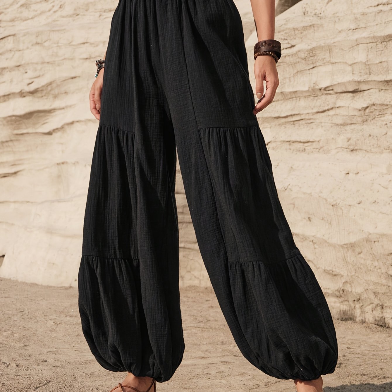 Women's Casual Solid Color Wide-leg Pants With Elastic Waistband - Breathable Polyester, Machine Washable