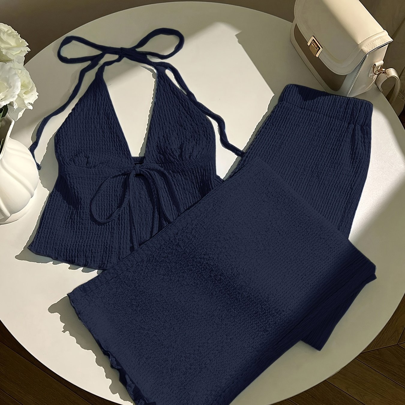 Elegant Fashion Spring Women's Halter Neck Backless Waist-cinching Top Loose Wide-leg Long Pants Beach Pool Two-piece Set Asd1