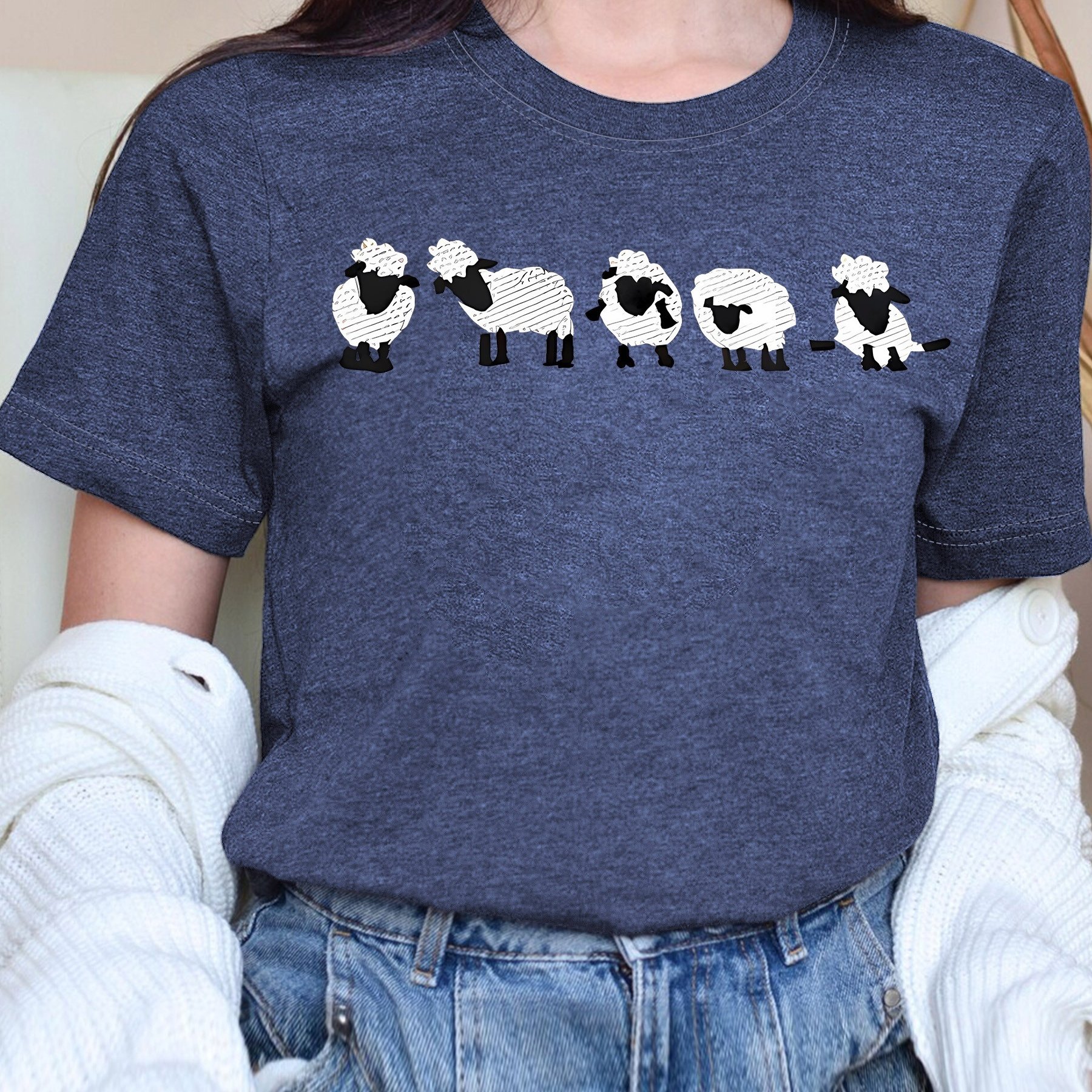 TEMU 5 Lambs Print Round Neck Casual Vintage Style Women's Spring/autumn Sporty Casual Top, Short Sleeve T-shirt, Multiple Colors , Sizes S-xxl