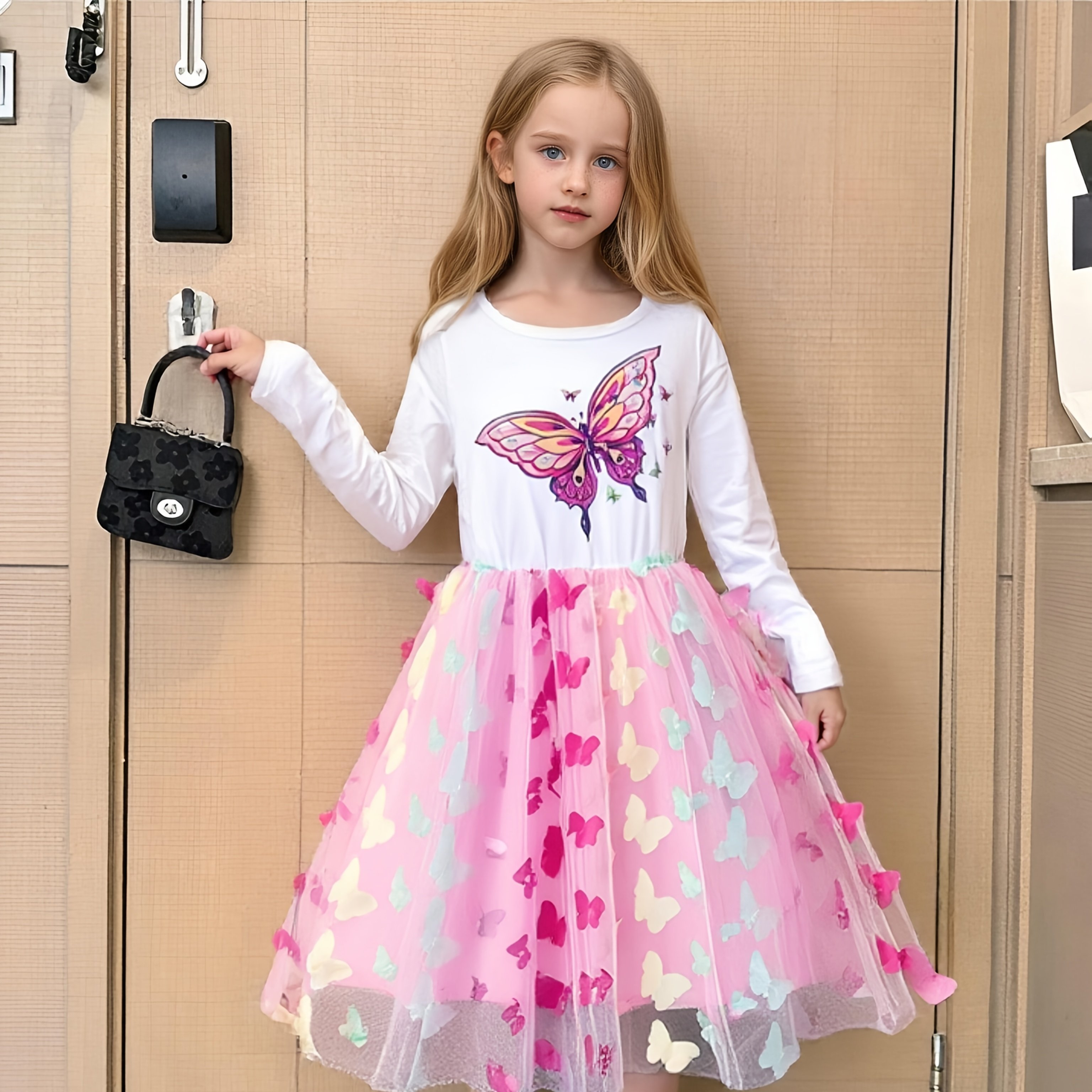 Image of Girls' Spring/autumn Long-sleeve Dress With Colorful Print, Mesh, , Cute, And Fashionable Dress For Toddlers And Young Children
