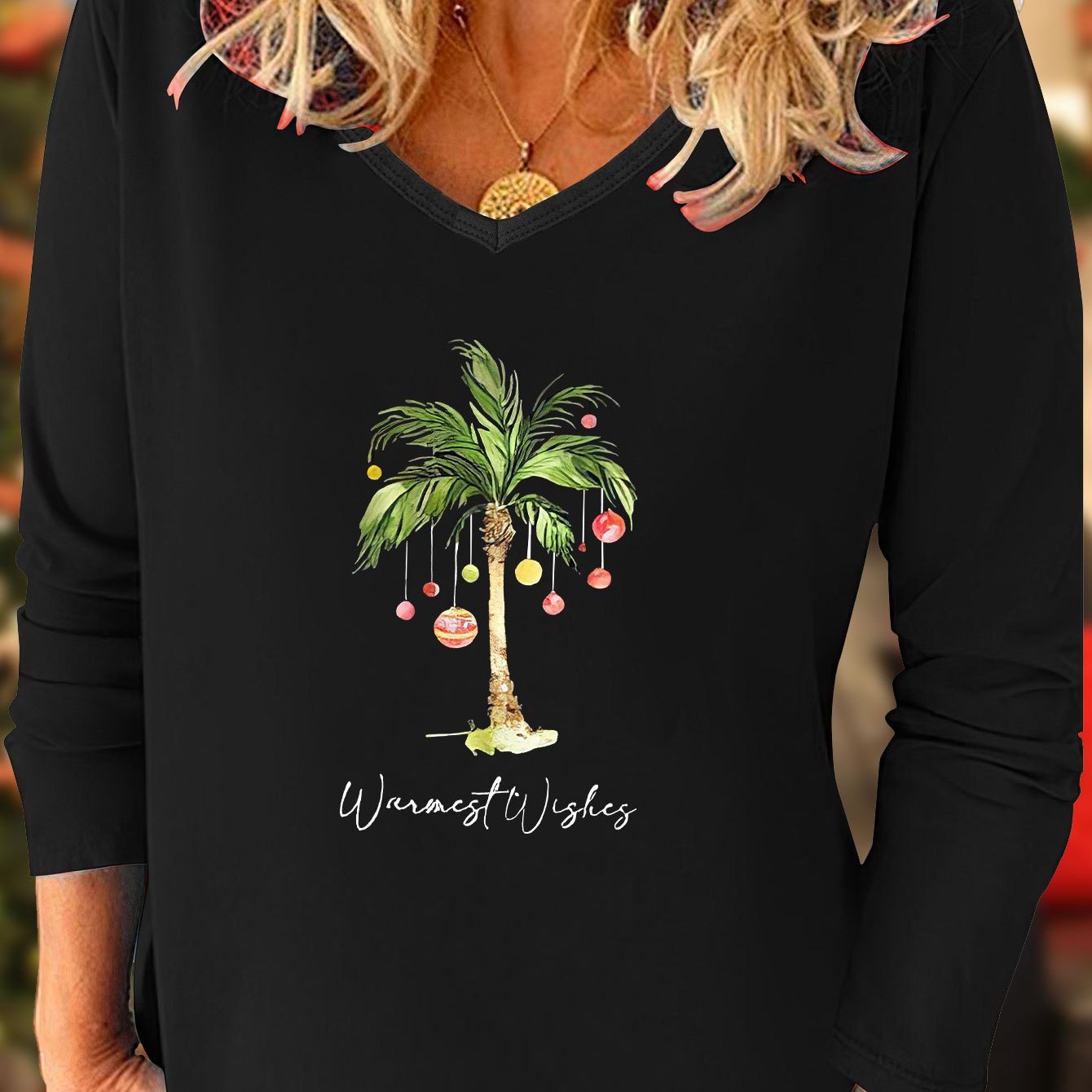 TEMU Christmas Coconut Tree Print T-shirt, Casual V Neck Long Sleeve Top, Women's Clothing