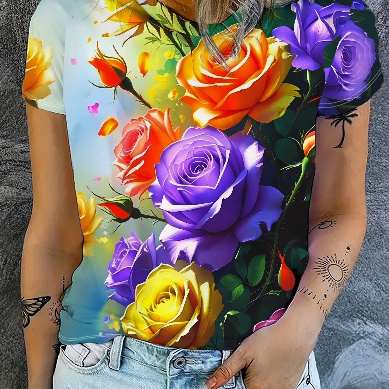 TEMU Women's Short-sleeve T-shirt With Full- Print - Summer Casual Crew Neck Blouse-compatible Top | Non- Opaque Suitable For Warm Weather, Machine