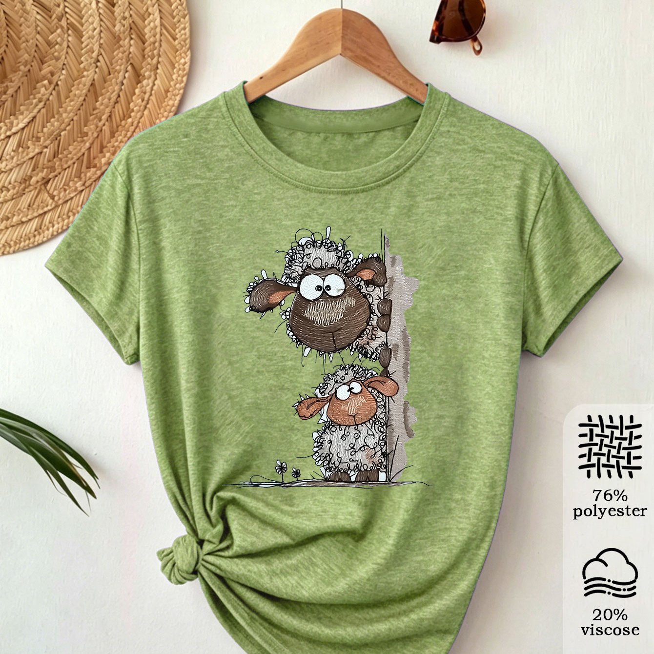 TEMU Cute Sheep Print Women's Casual Retro Style T-shirt, Round Neck, Short Sleeve Summer Top