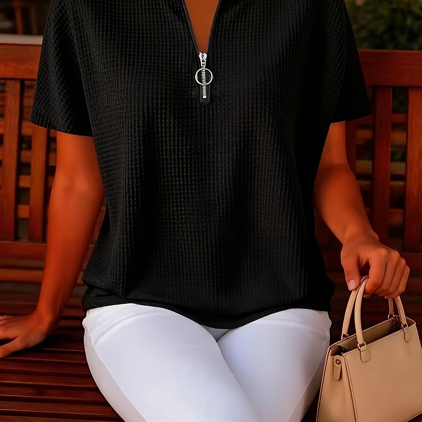 TEMU Women's Elegant Fashion Loose Solid Color Zipper Detail Easy Short Sleeve Top